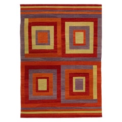 Tappeto moderno in lana Kilim a trama piatta con motivo geometrico multicolore