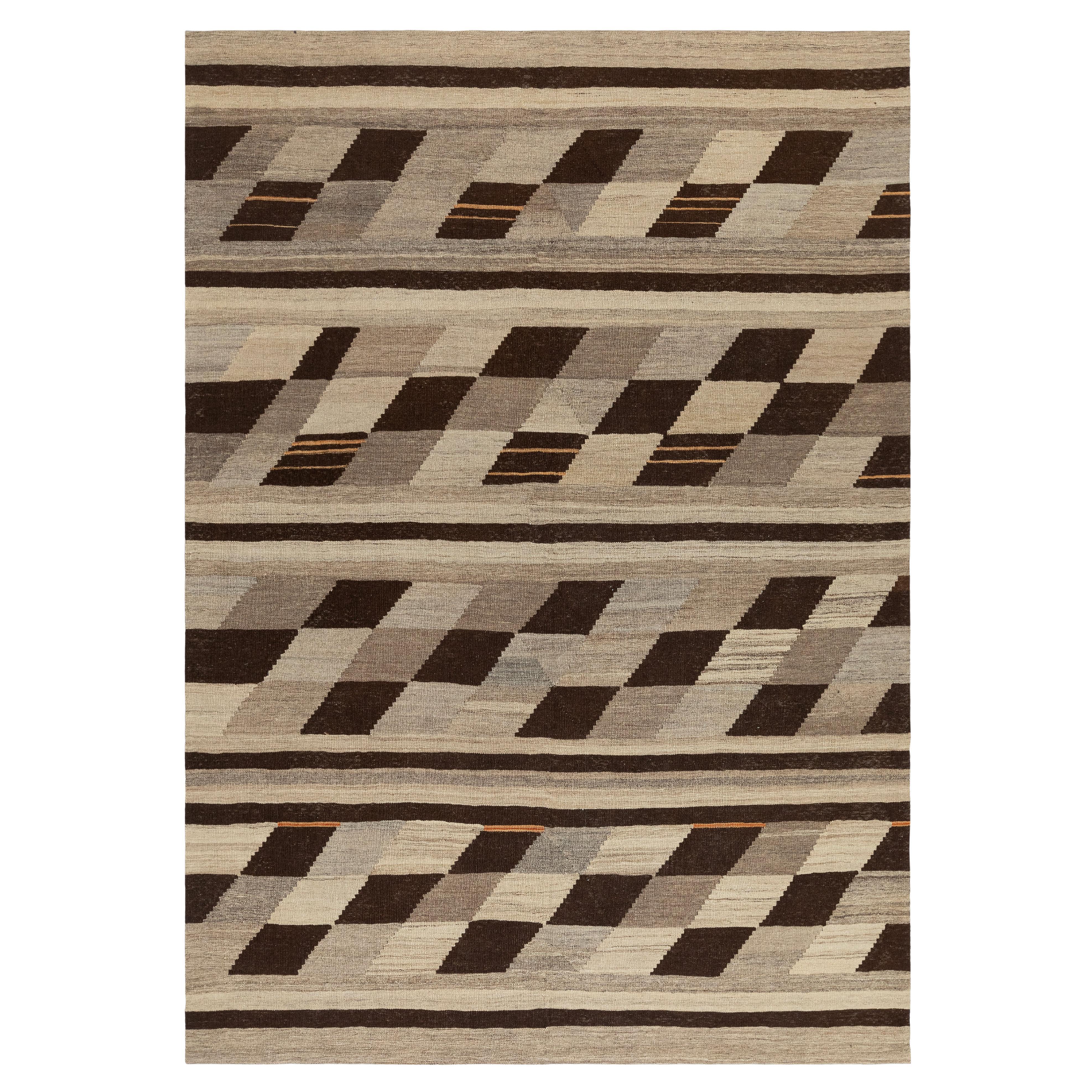 Tappeto moderno a tessitura piatta intrecciato a mano con audace motivo geometrico Chevron in tonalità terra in vendita