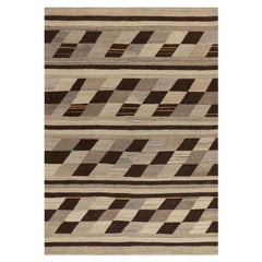 Tappeto moderno a tessitura piatta intrecciato a mano con audace motivo geometrico Chevron in tonalità terra