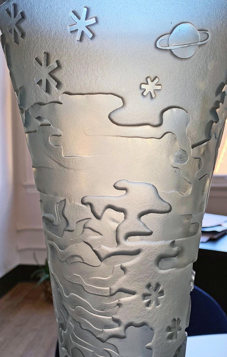 "Modern Flight, " Cast Glass, Art Deco Vase with Airplane, Wind Gods