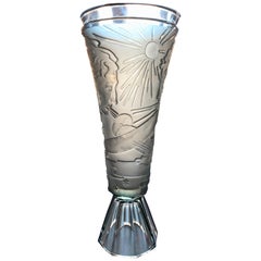 airplane vase "Modern Flight, " Cast Glass, Art Deco Vase with Airplane, Wind Gods and Saturn