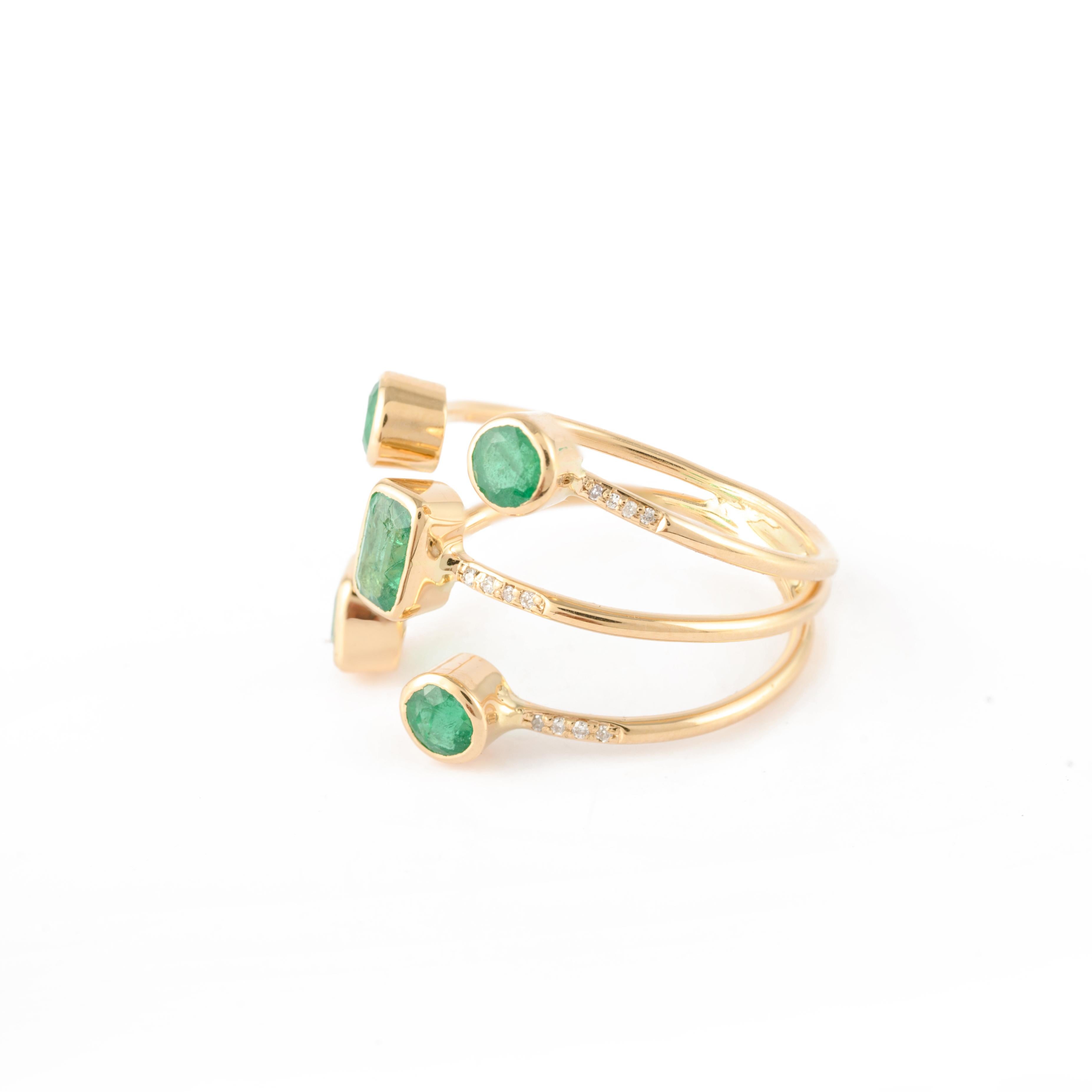 For Sale:  Modern Floating Emerald Diamond Open Shank Band Ring in 18 Karat Yellow Gold 7