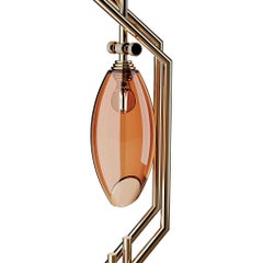 Modern Floor Lamp In Amber Blown-Glass, Travertine & Polished Brass