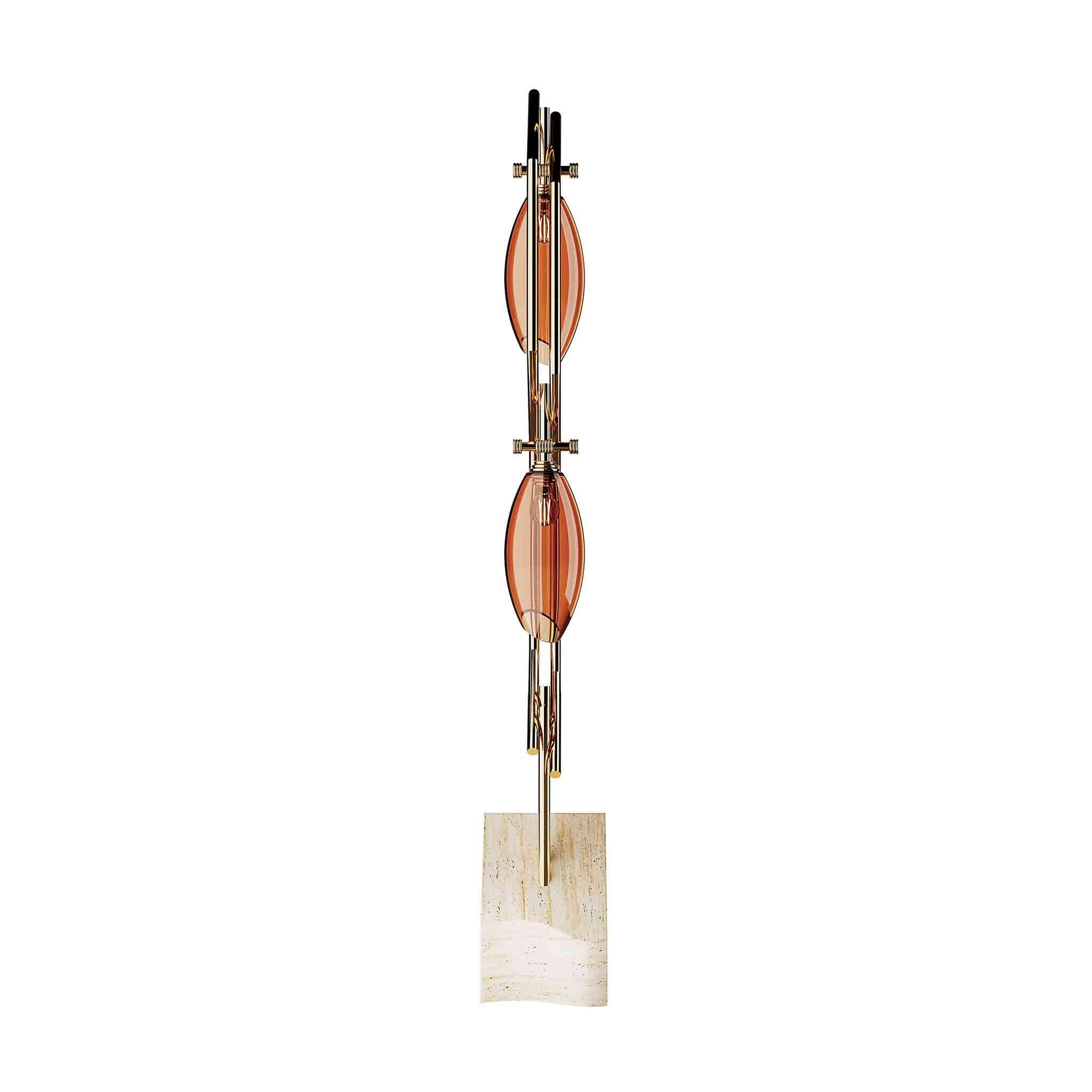 Art Deco Modern Floor Lamp In Amber Blown-Glass, Travertine & Polished Brass For Sale