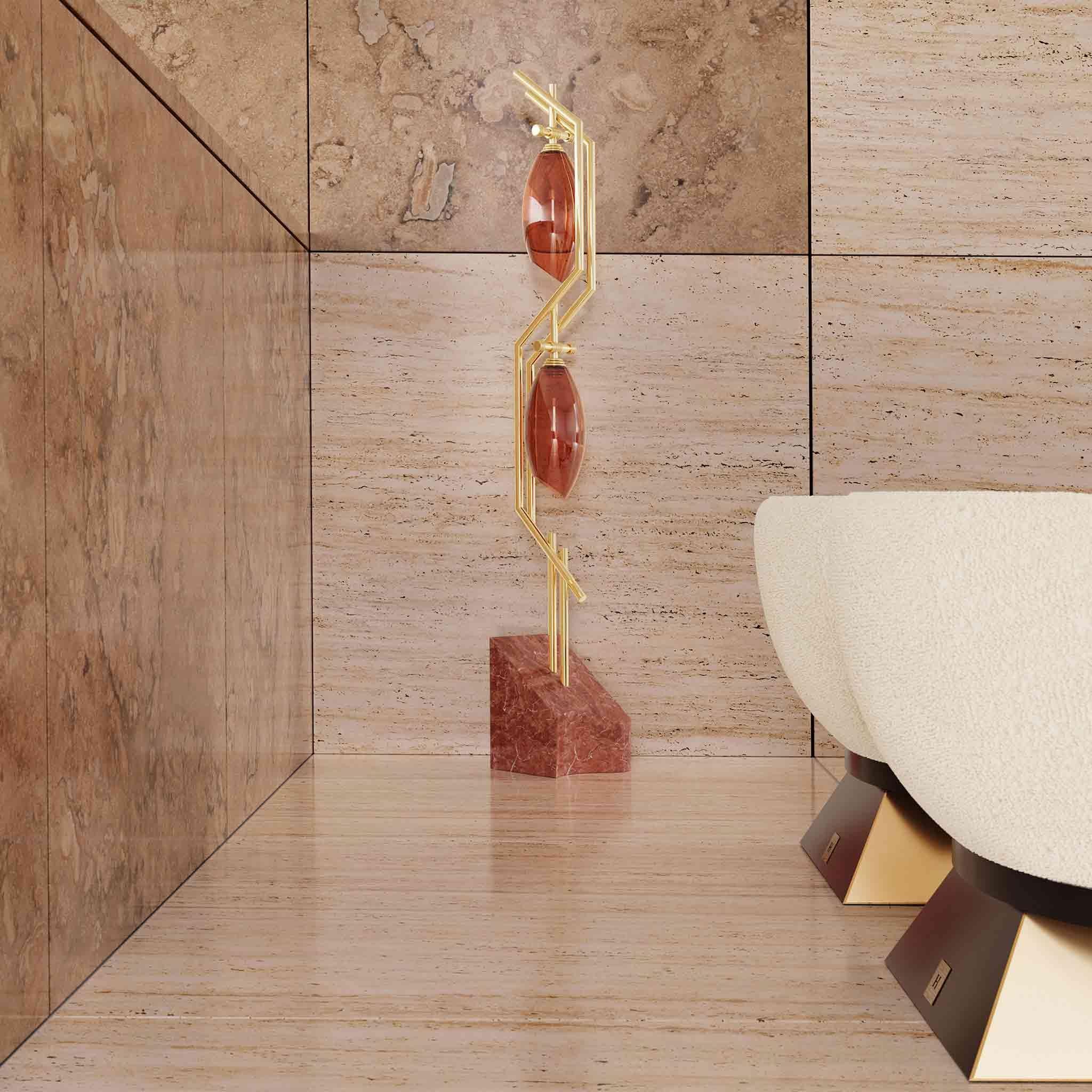 Contemporary Modern Floor Lamp In Amber Blown-Glass, Travertine & Polished Brass For Sale