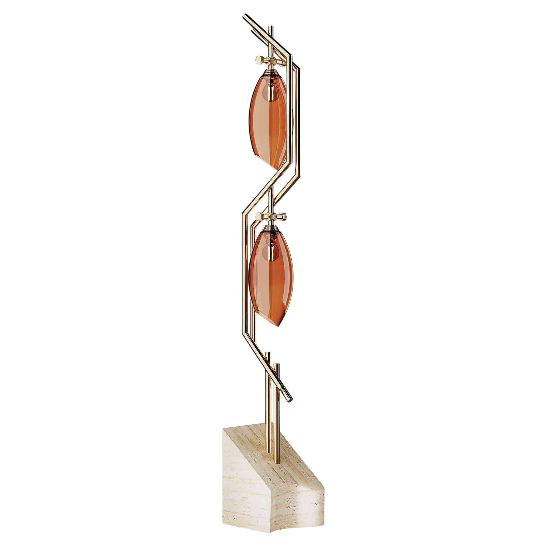 Modern Floor Lamp In Amber Blown-Glass, Travertine & Polished Brass
