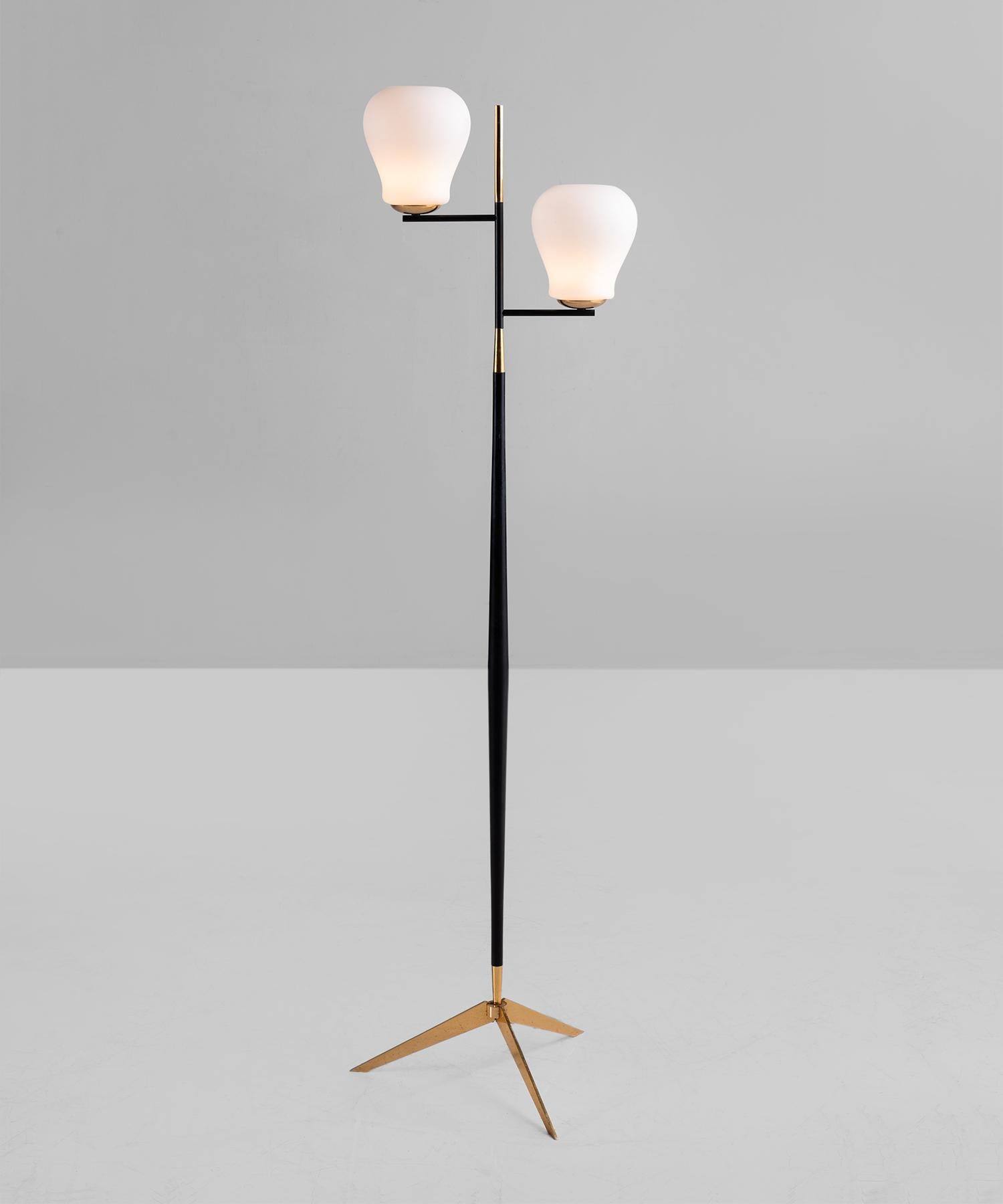 Modern Floor Lamp by Arlus, France, circa 1950

Two opaline shades sit on a blackened metal stand with gilt-brass features.