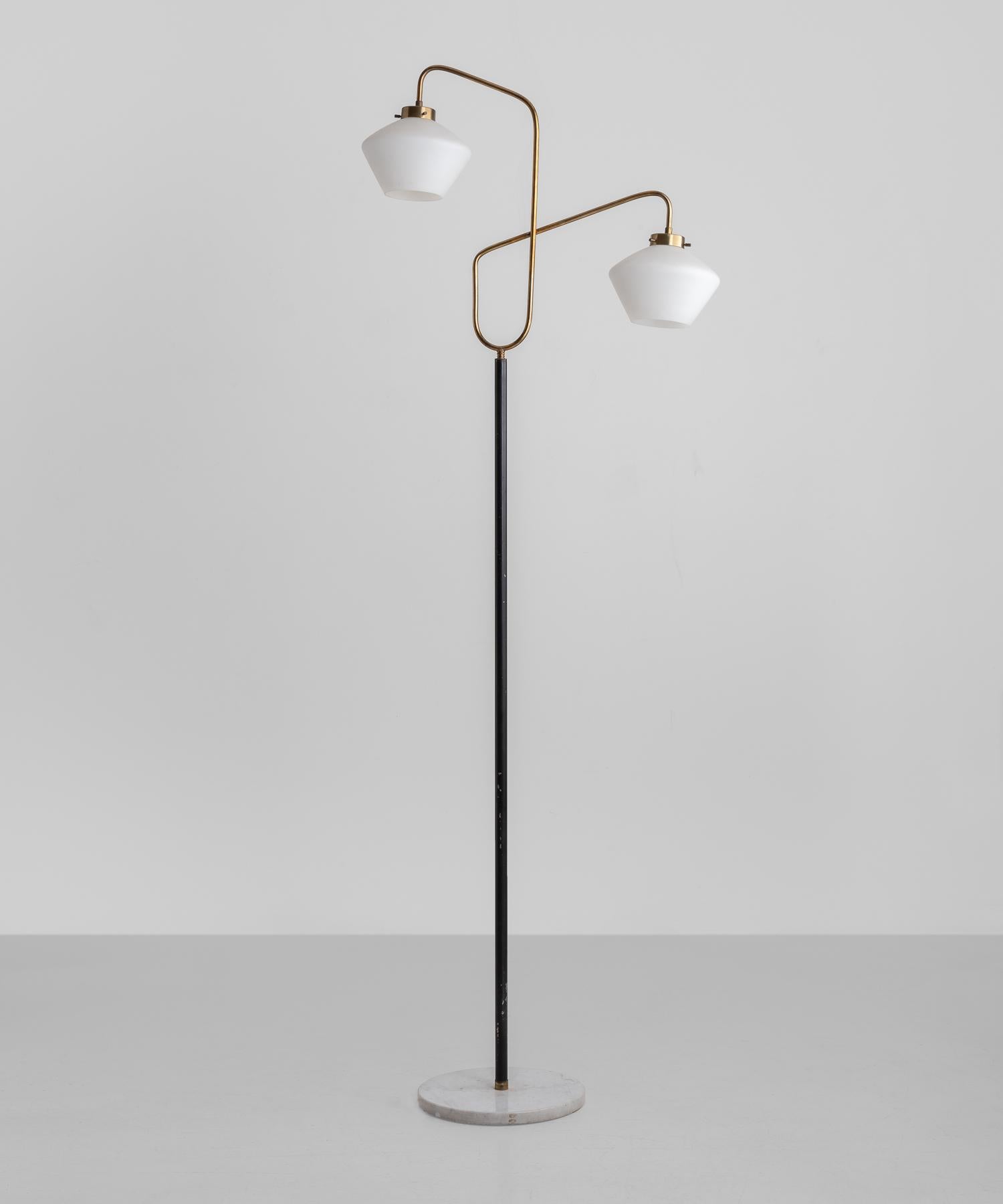 Modern floor lamp by Gilardi & Barzaghi, Italy, circa 1950.

Lacquered brass stand on marble base, with elegant brass arms and opaline glass shades.