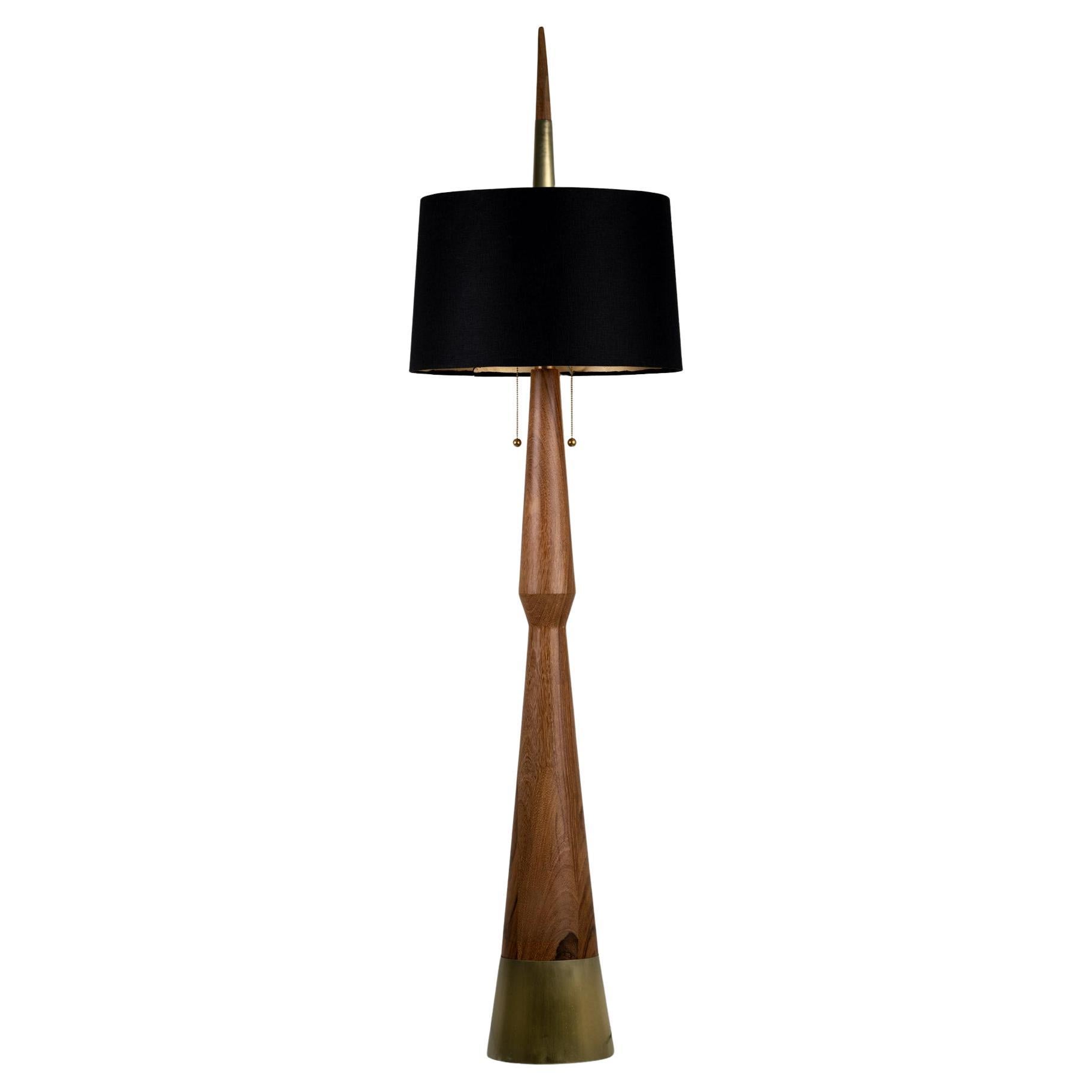 Modern Floor Lamp Natural Parota Wood Hand-Forged Brass