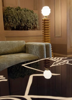 Modern Floor Lamp with 30s Shapes in Wood, Polished Brass & Glass