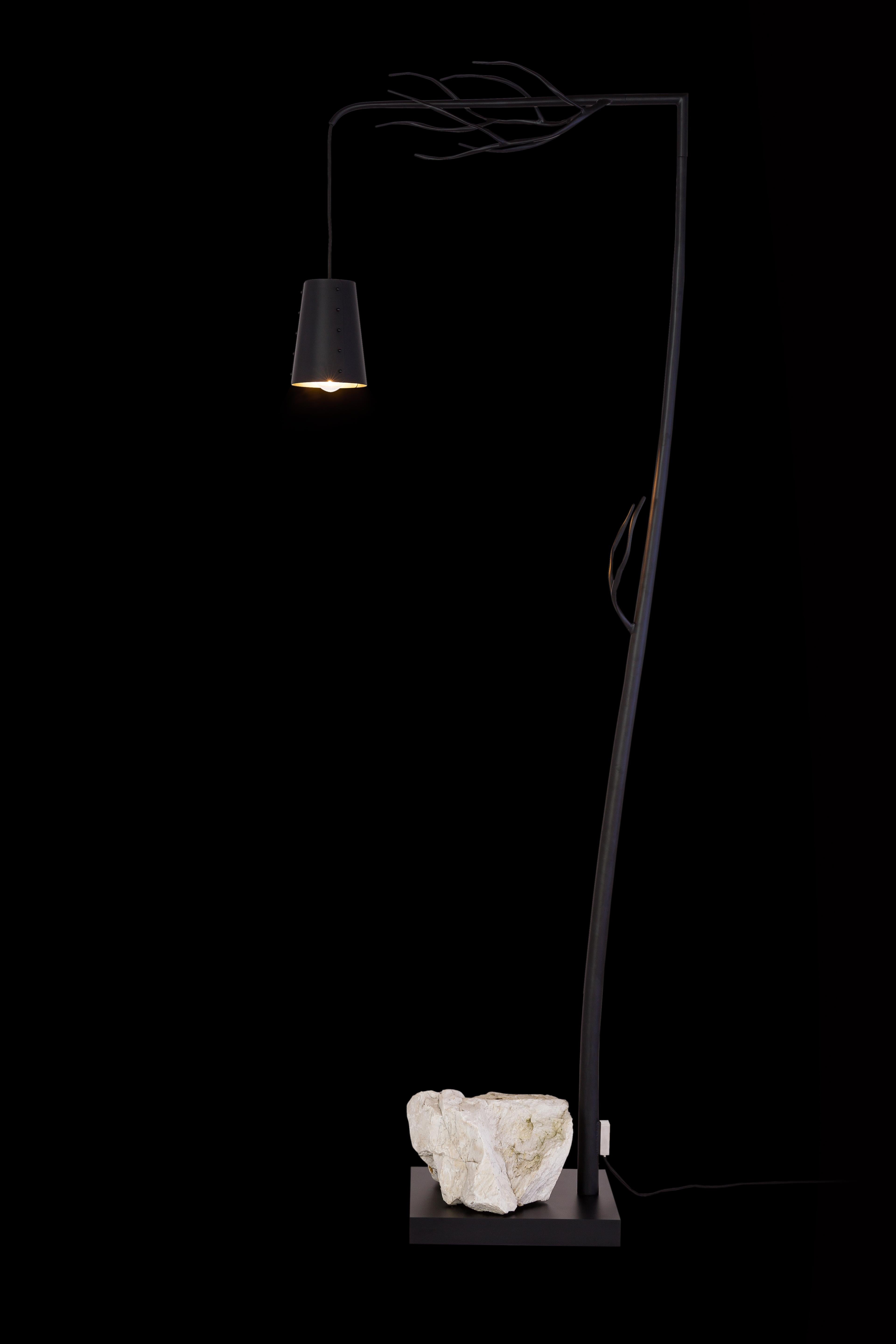 Dutch Modern Floor Lamp with a Unique Rock in a Black Matt Finish, Flintstone For Sale