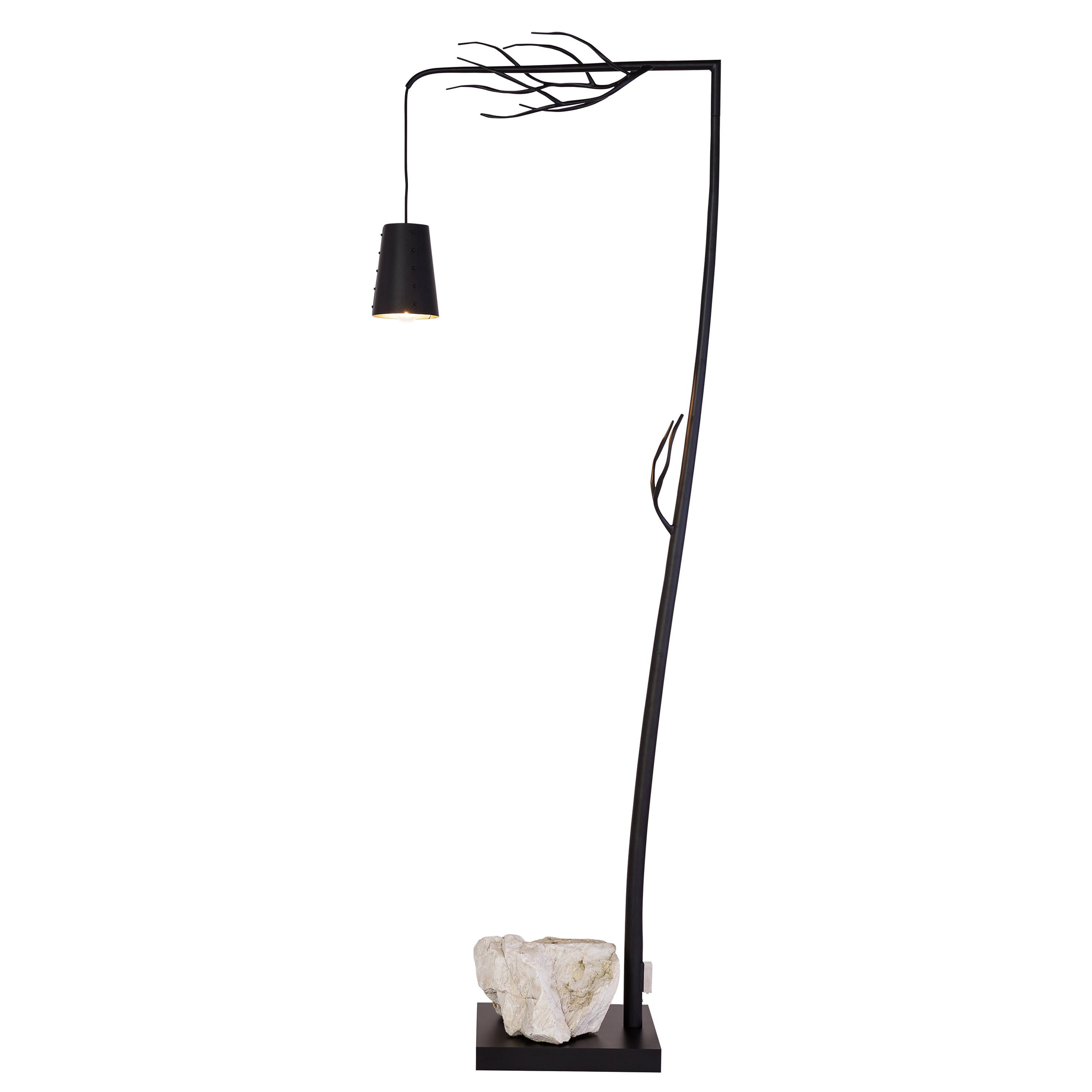 Modern Floor Lamp with a Unique Rock in a Black Matt Finish, Flintstone