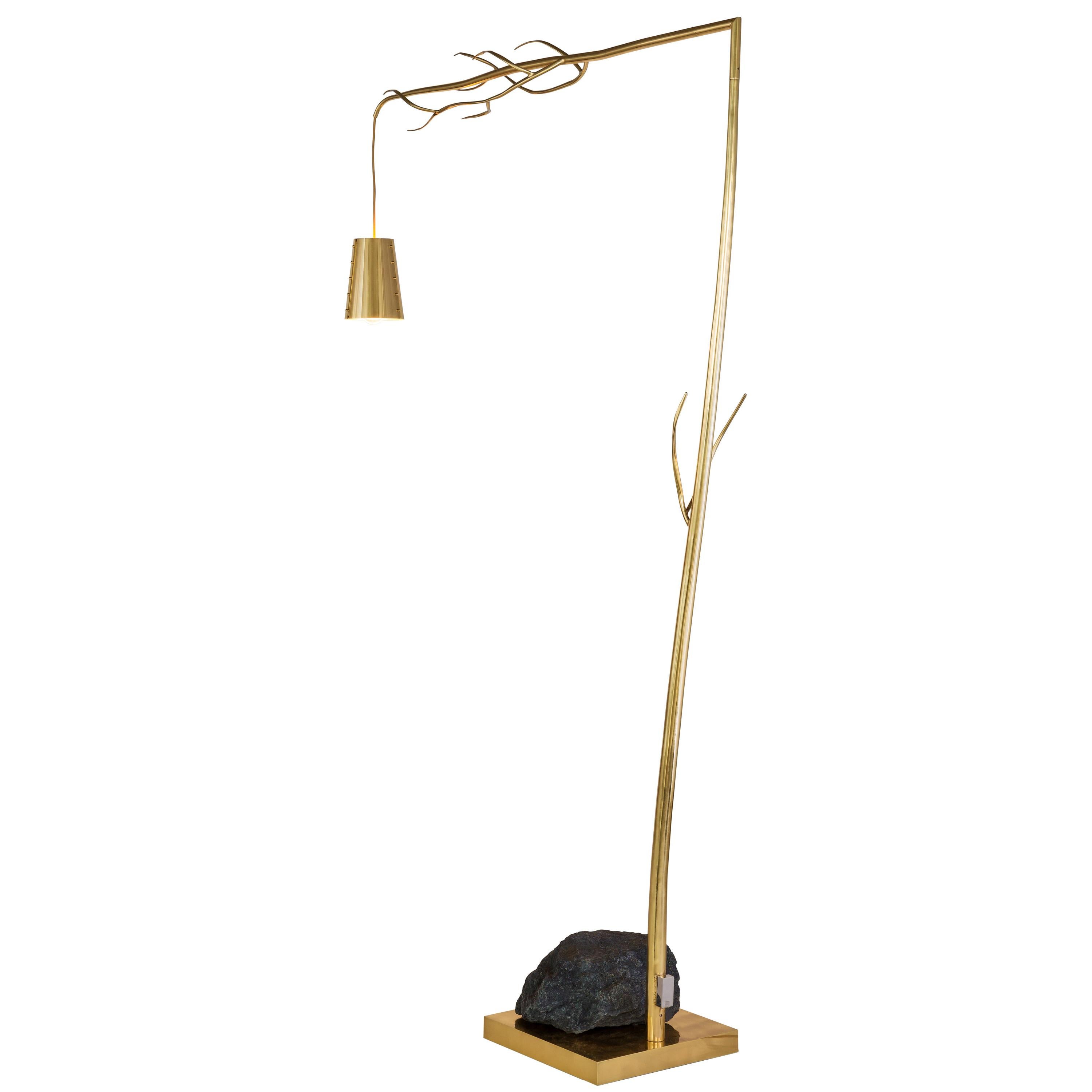 Modern Floor Lamp with a Unique Rock in a Brass Burnished Finish, Flintstone For Sale