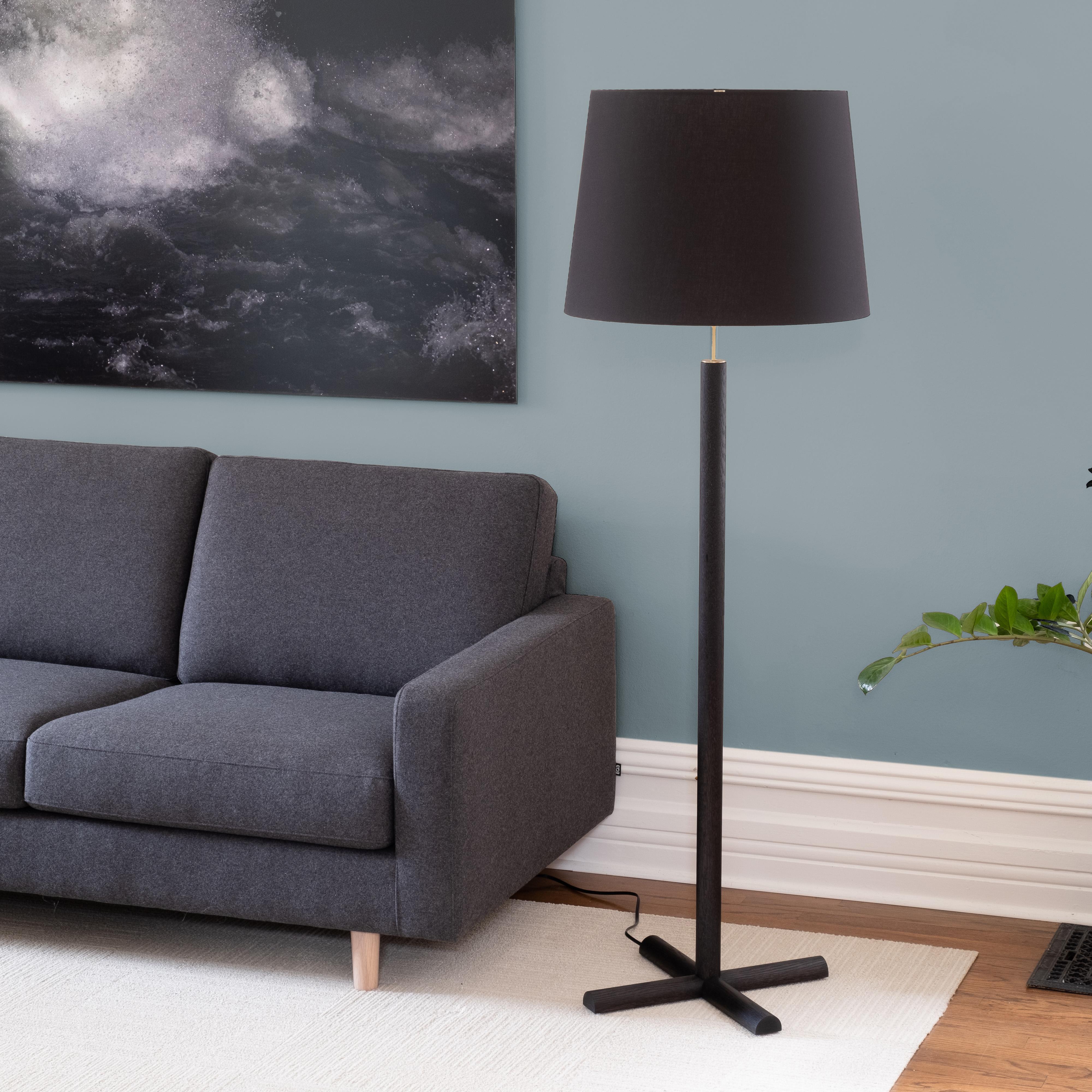 Minimalist Modern Floor Lamp with Blackened Oak Column Base and Conical Shade For Sale