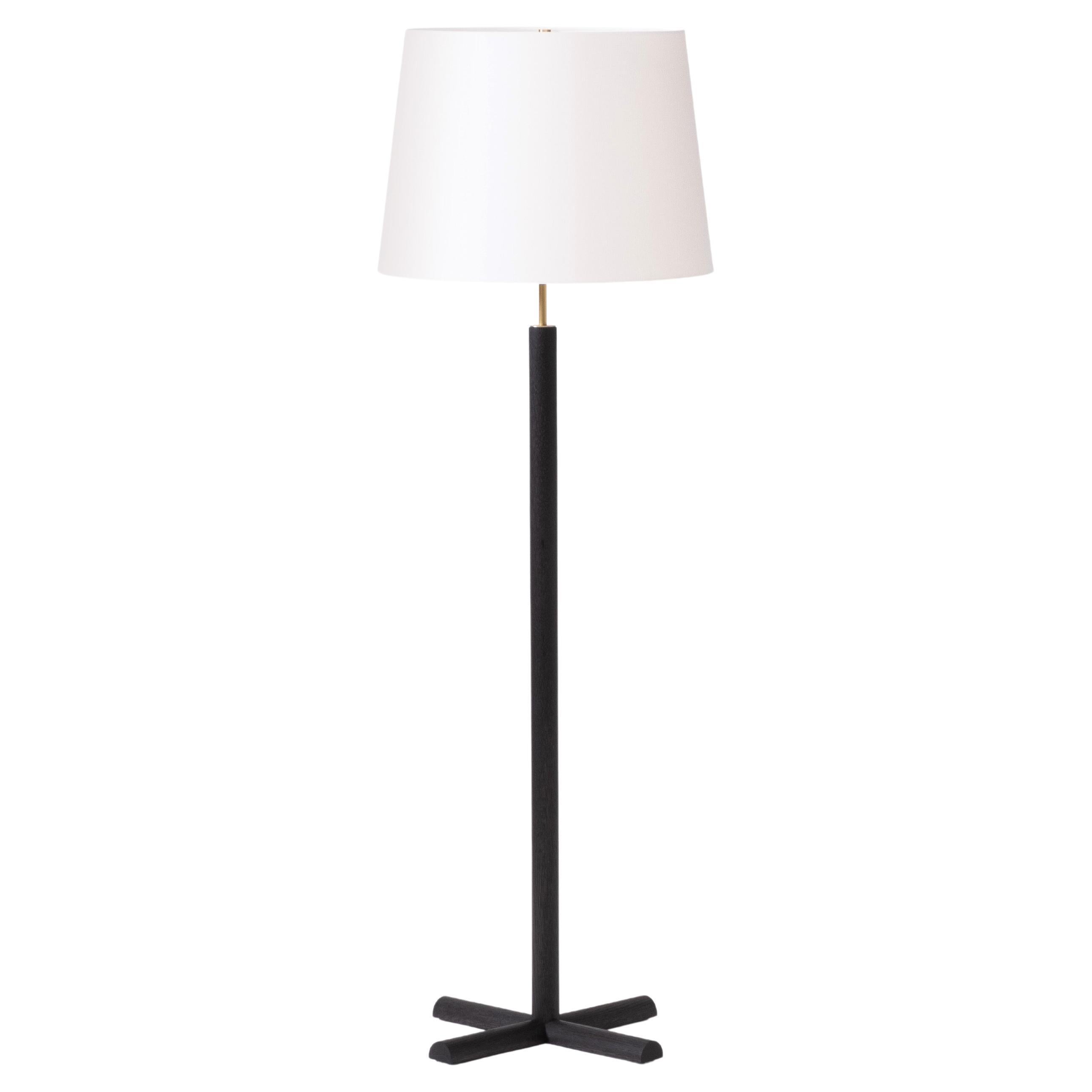 Modern Floor Lamp with Blackened Oak Column Base and Conical Shade For Sale