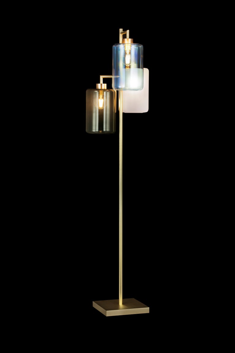 Modern Floor Lamp with Colored Glass in a Brass Burnished Finish