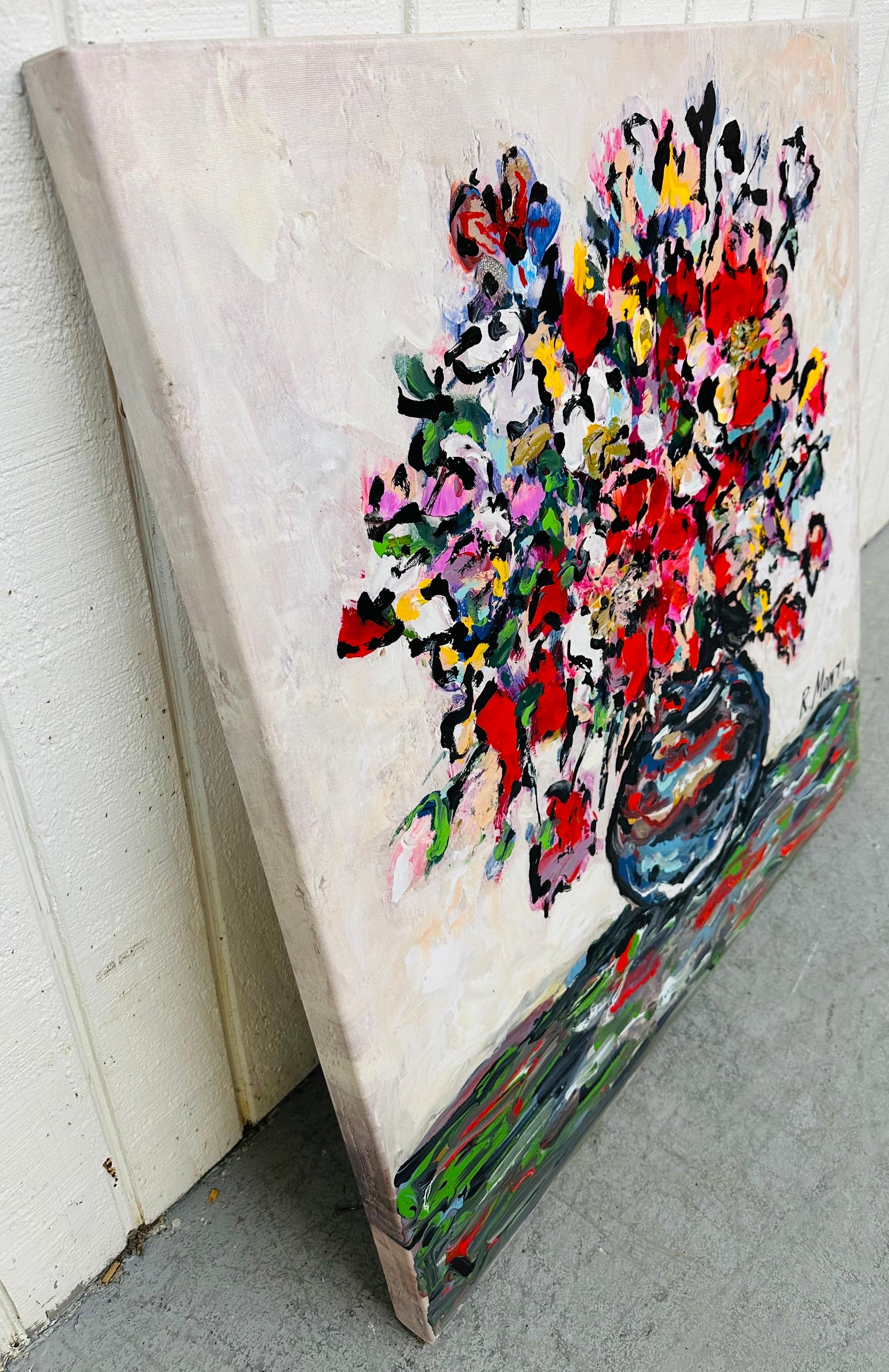This listing is for a Modern Floral Abstract Painting Signed R. Monti. Featuring a square canvas wrapped frame, abstract painting of flowers sitting in a vase, and a wire on the back for hanging. This is an exceptional piece by artist R. Monti.