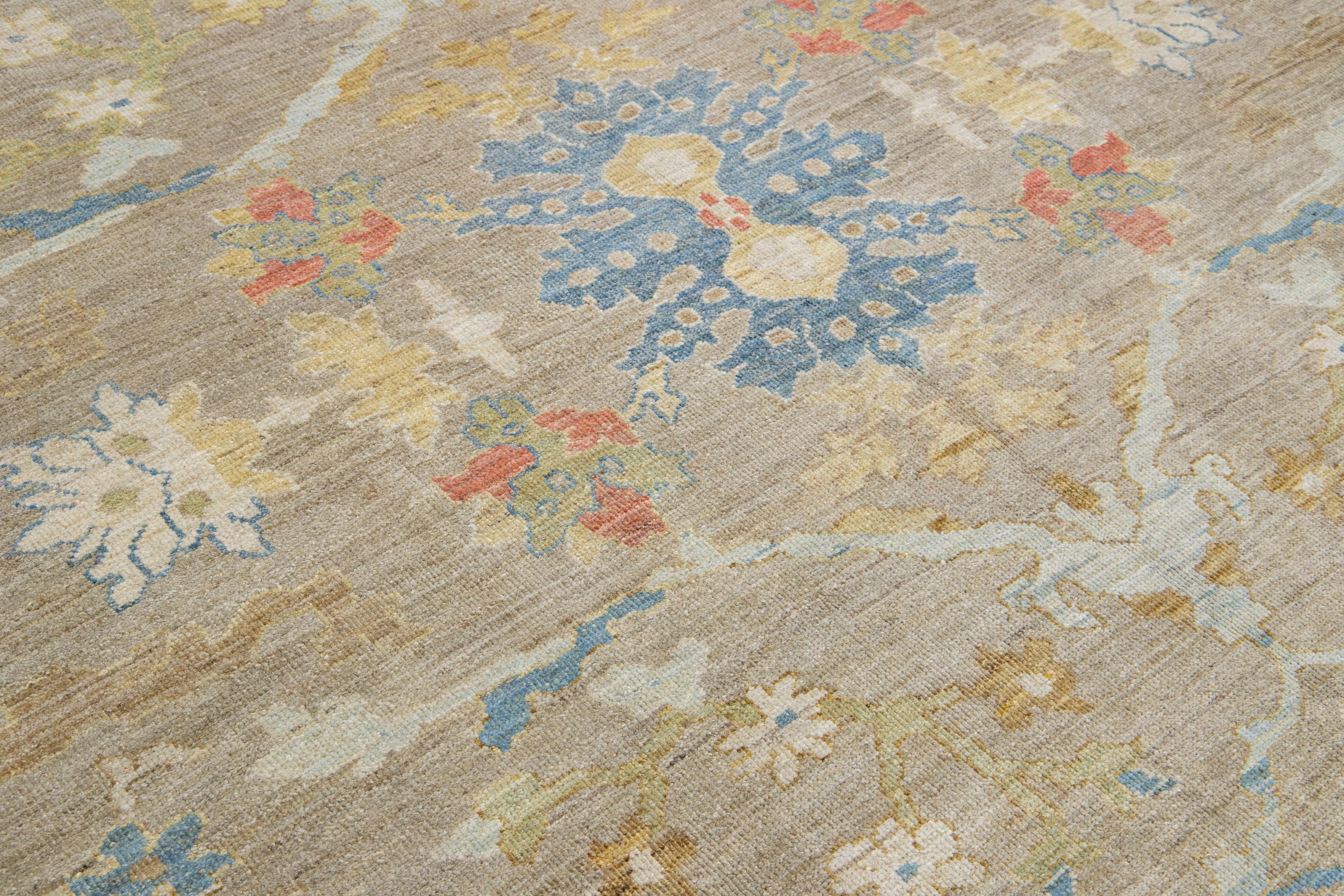 Contemporary Modern Floral Beige Over Size Sultanabad Wool Rug For Sale
