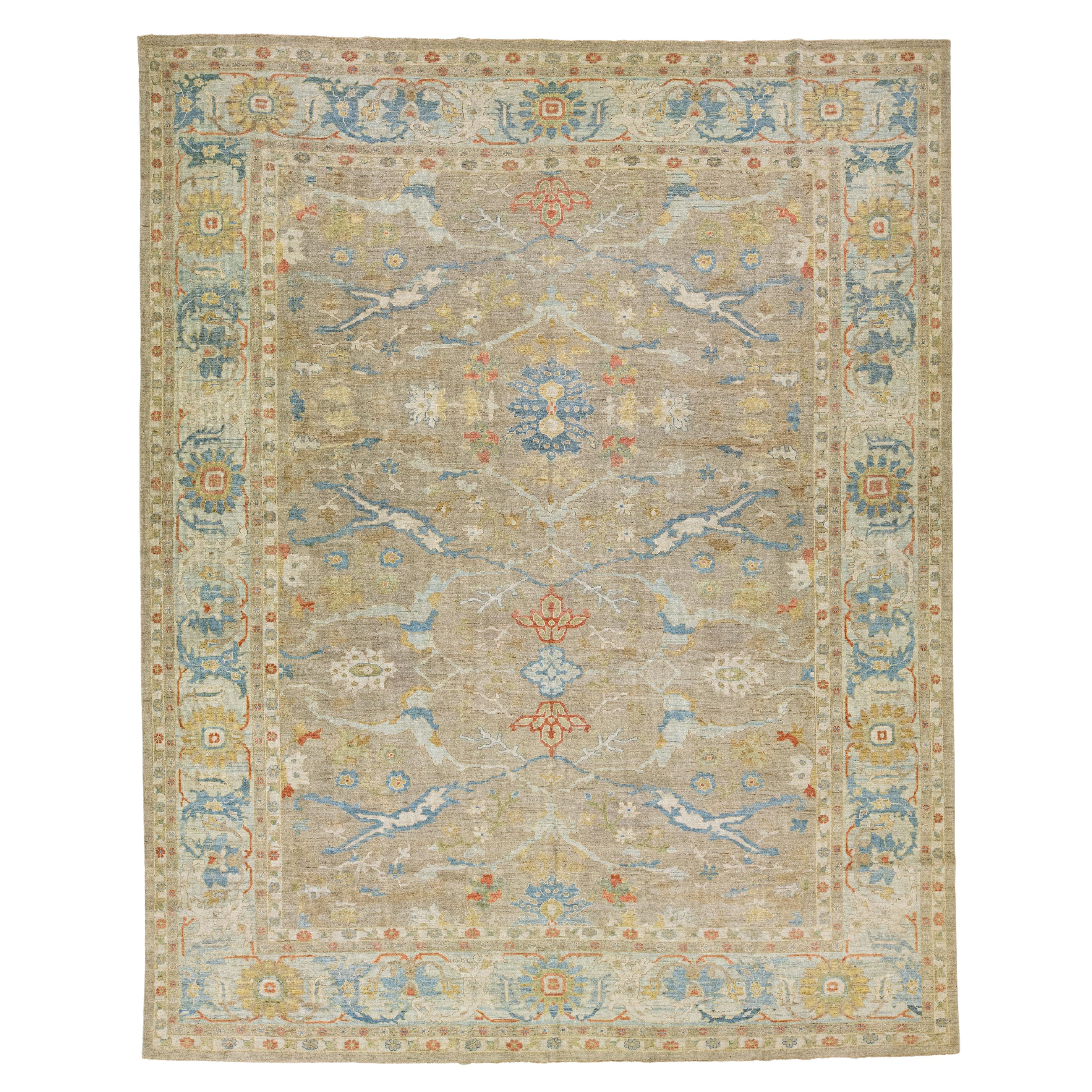 Modern Floral Beige Over Size Sultanabad Wool Rug For Sale