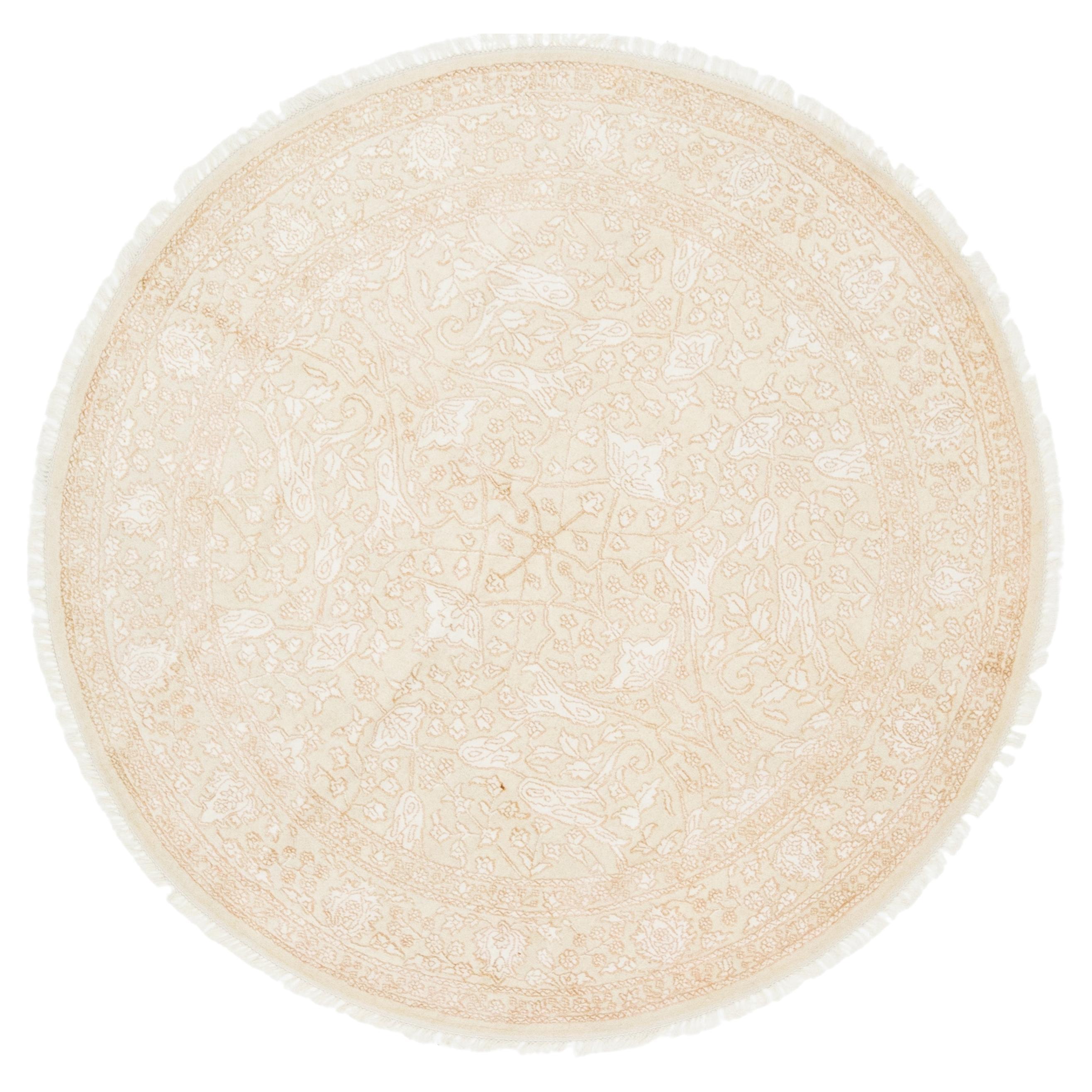 Moderner floraler runder Teppich aus Wolle und Seide in Beige im Angebot