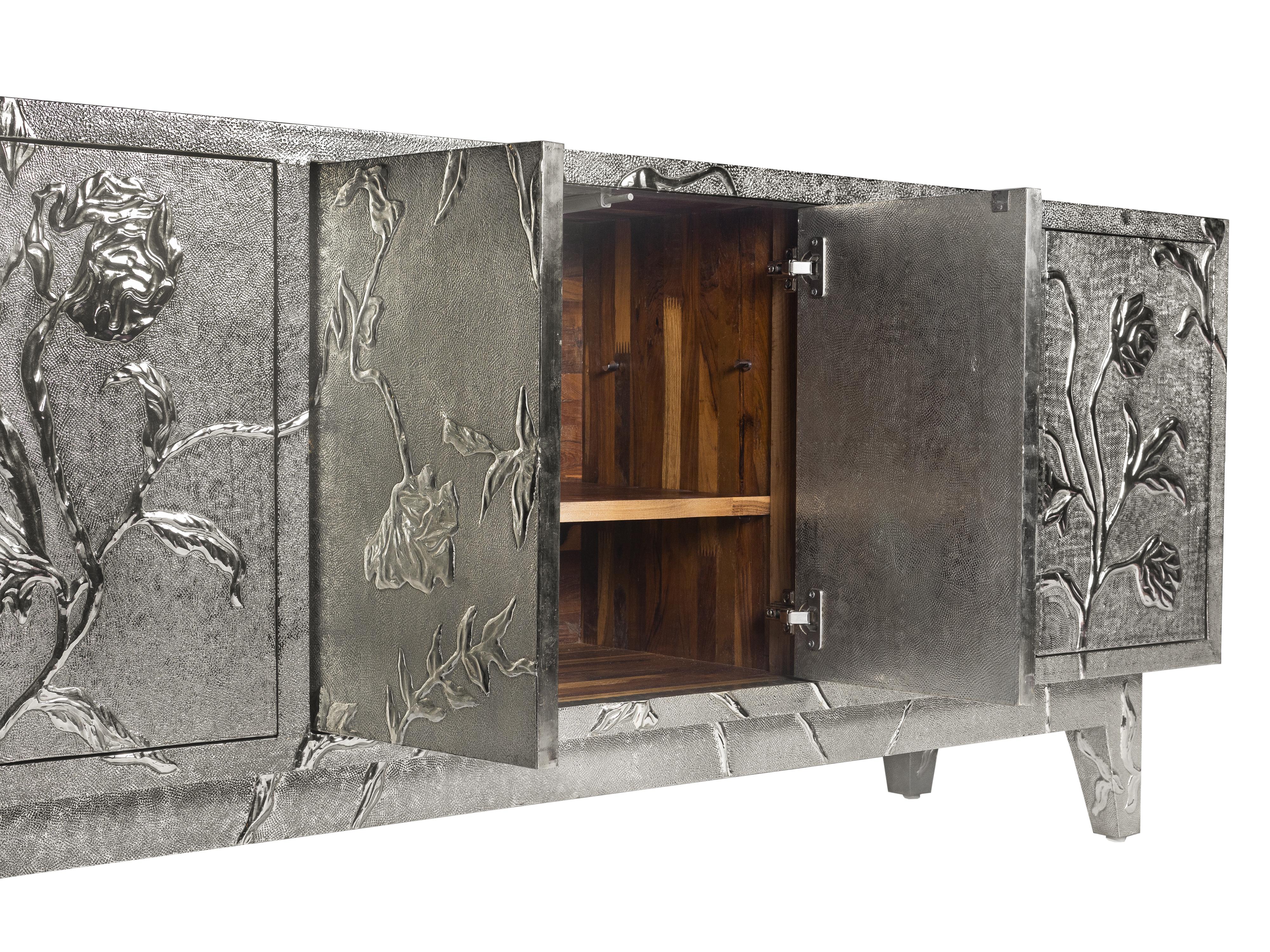 Contemporary Modern Floral Hand Carved Credenza in White Bronze Clad on Wood by Paul Mathieu For Sale