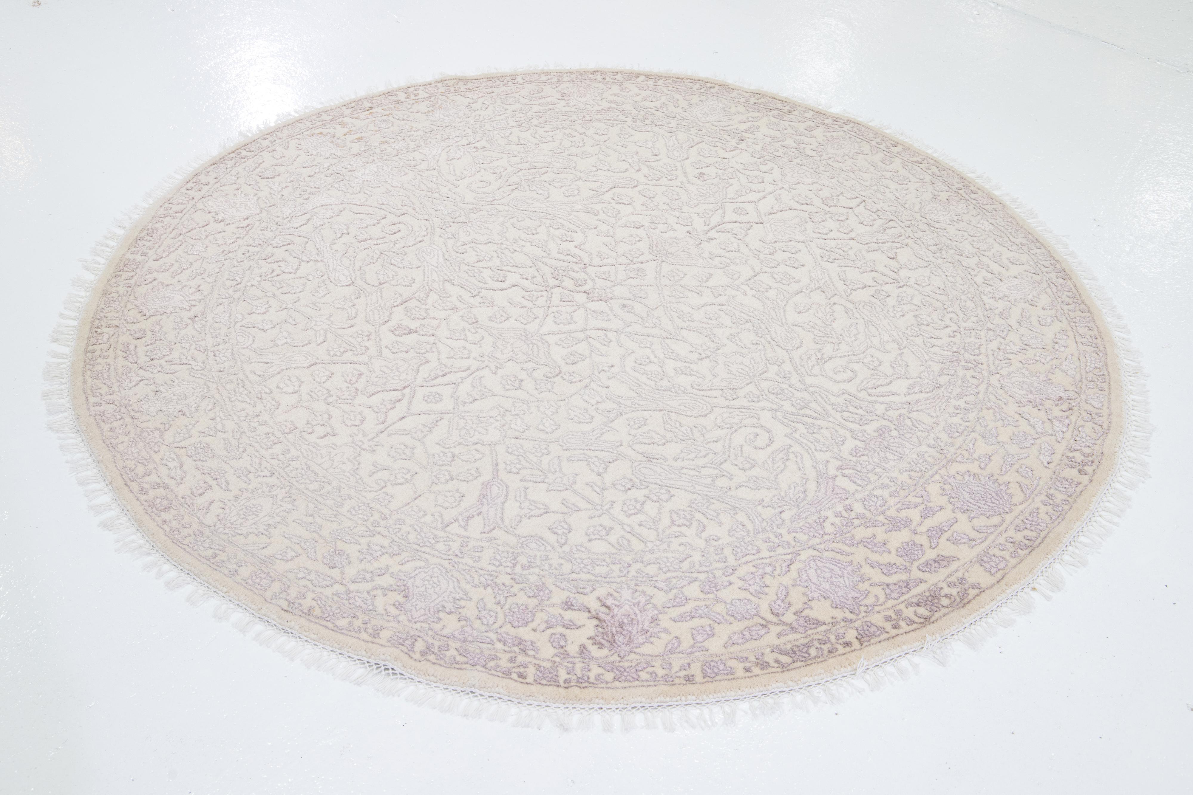 Hand-Knotted Modern Floral Handmade Indian Wool and Silk Round Rug in Rose For Sale