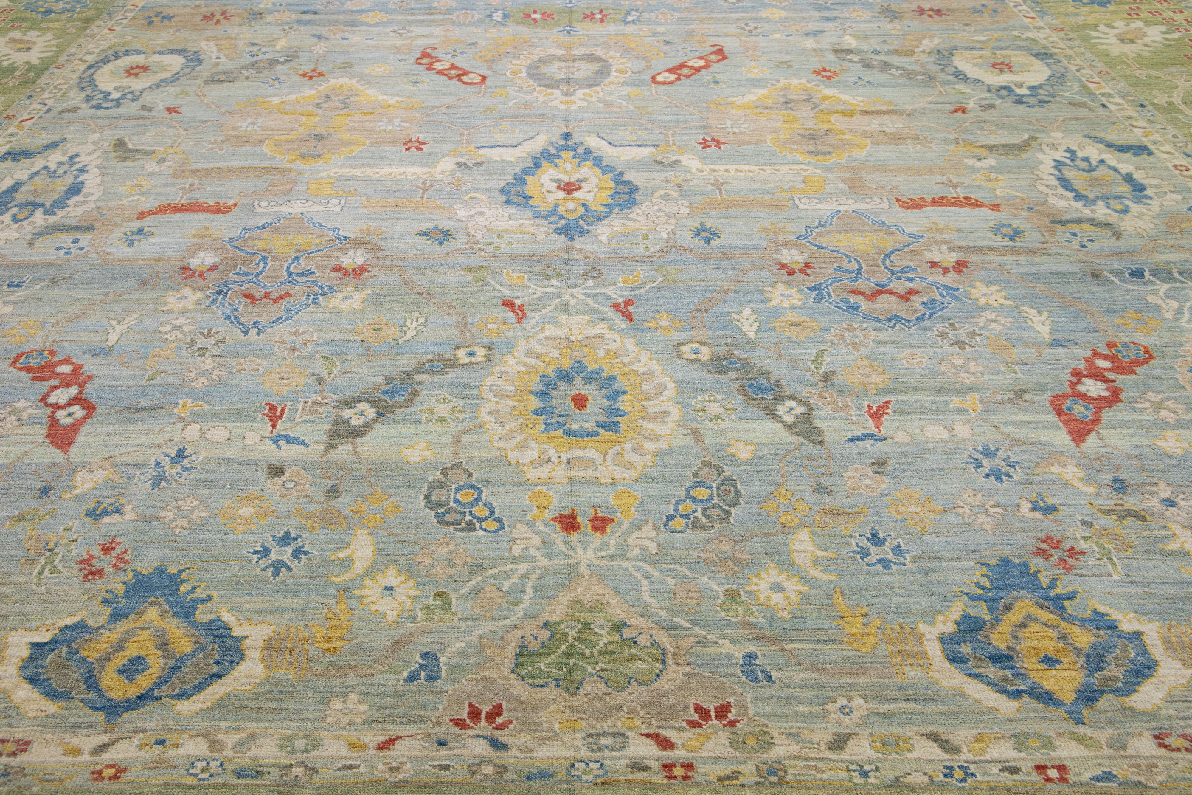 Persian Modern Floral Light Blue over Size Sultanabad Wool Rug For Sale