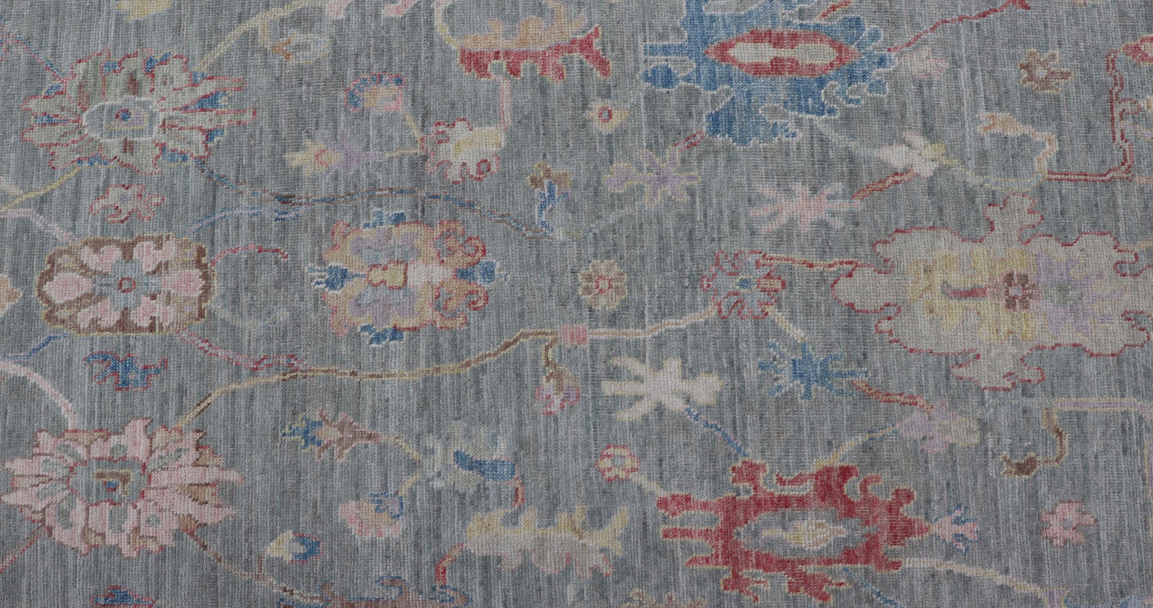 Modern Floral Oushak Runner All-Over Design by Keivan Woven Arts In New Condition For Sale In Atlanta, GA