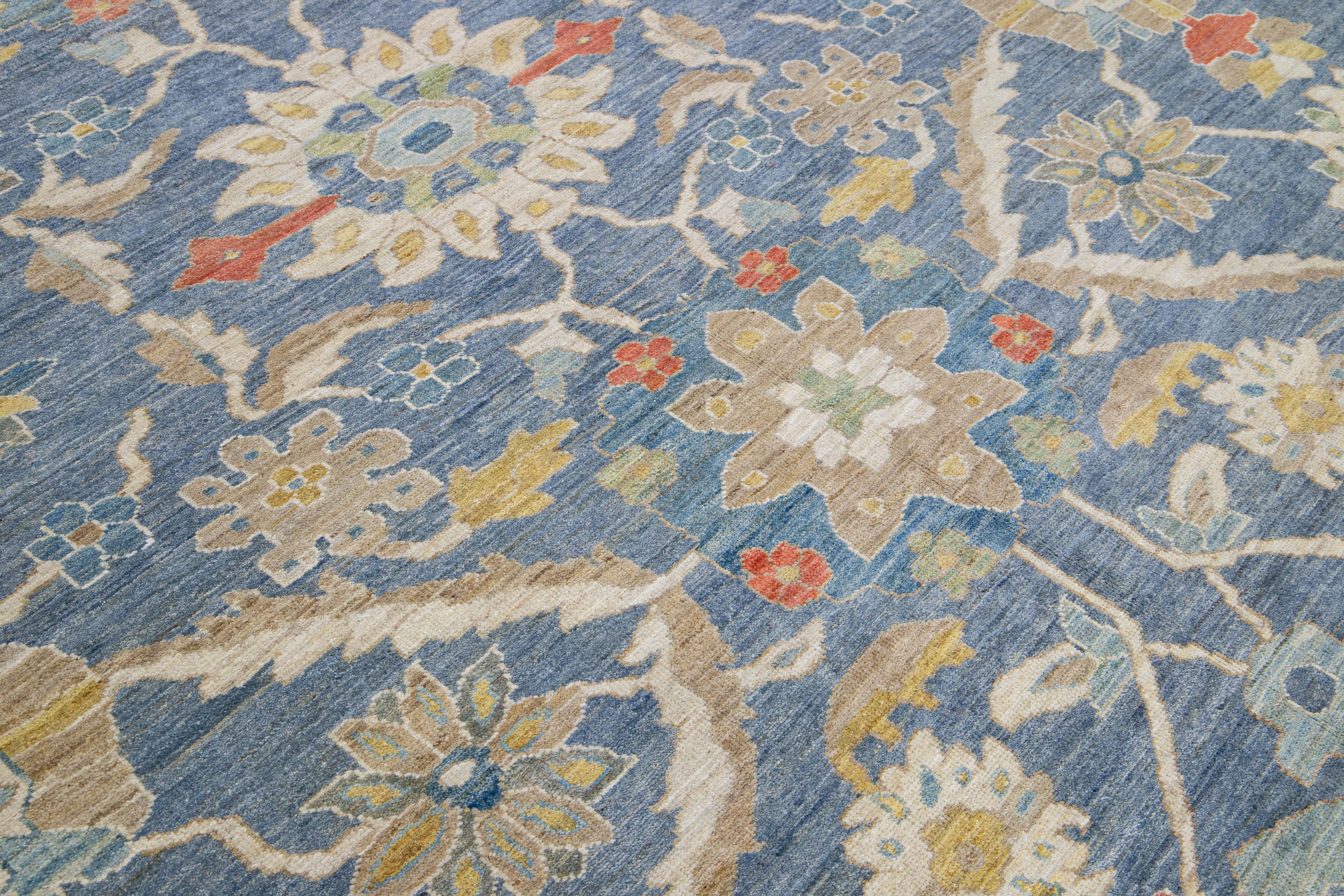 Persian Modern Floral Over Size Navy Blue Sultanabad Wool Rug For Sale