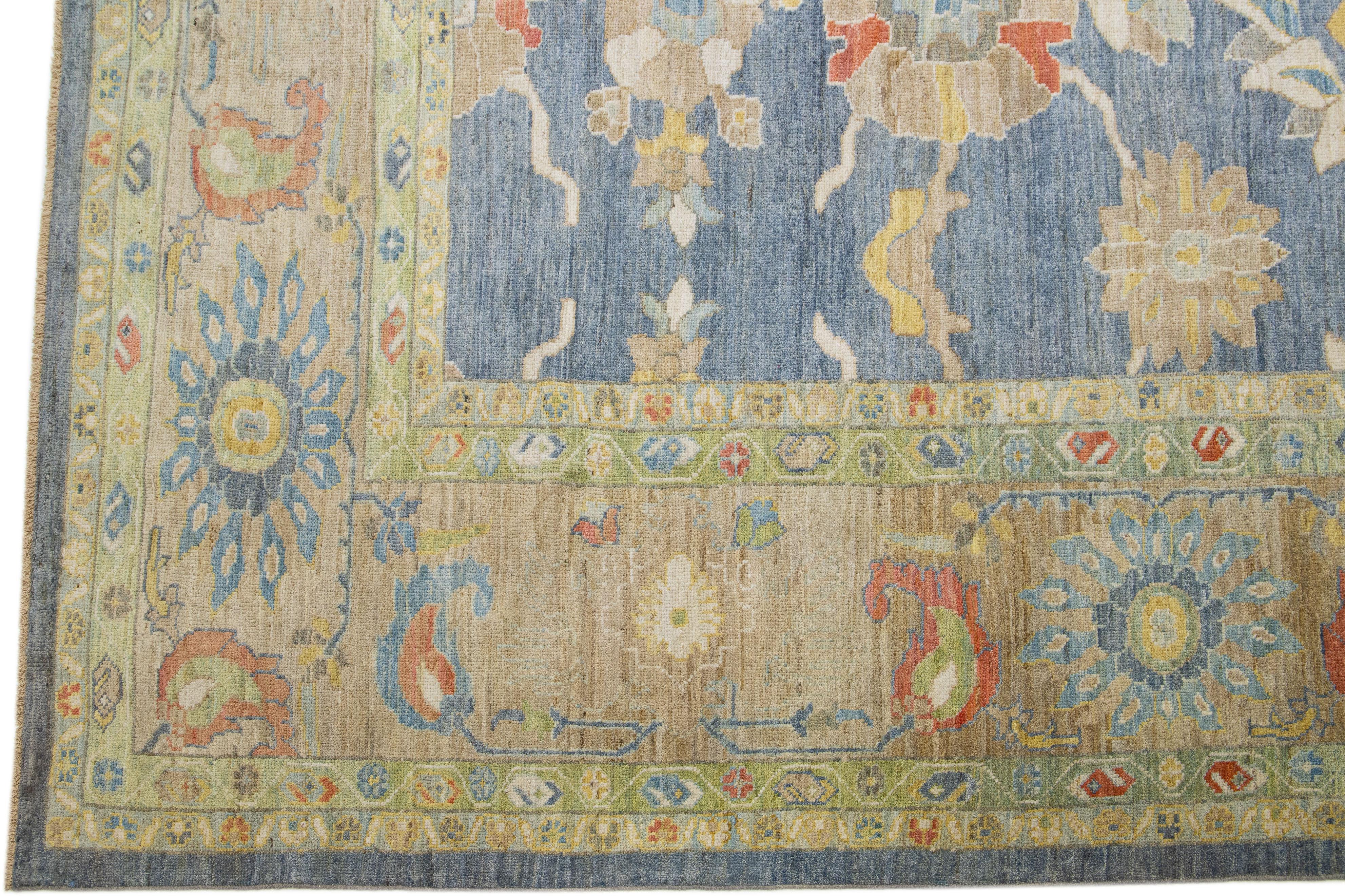 Hand-Knotted Modern Floral Over Size Navy Blue Sultanabad Wool Rug For Sale