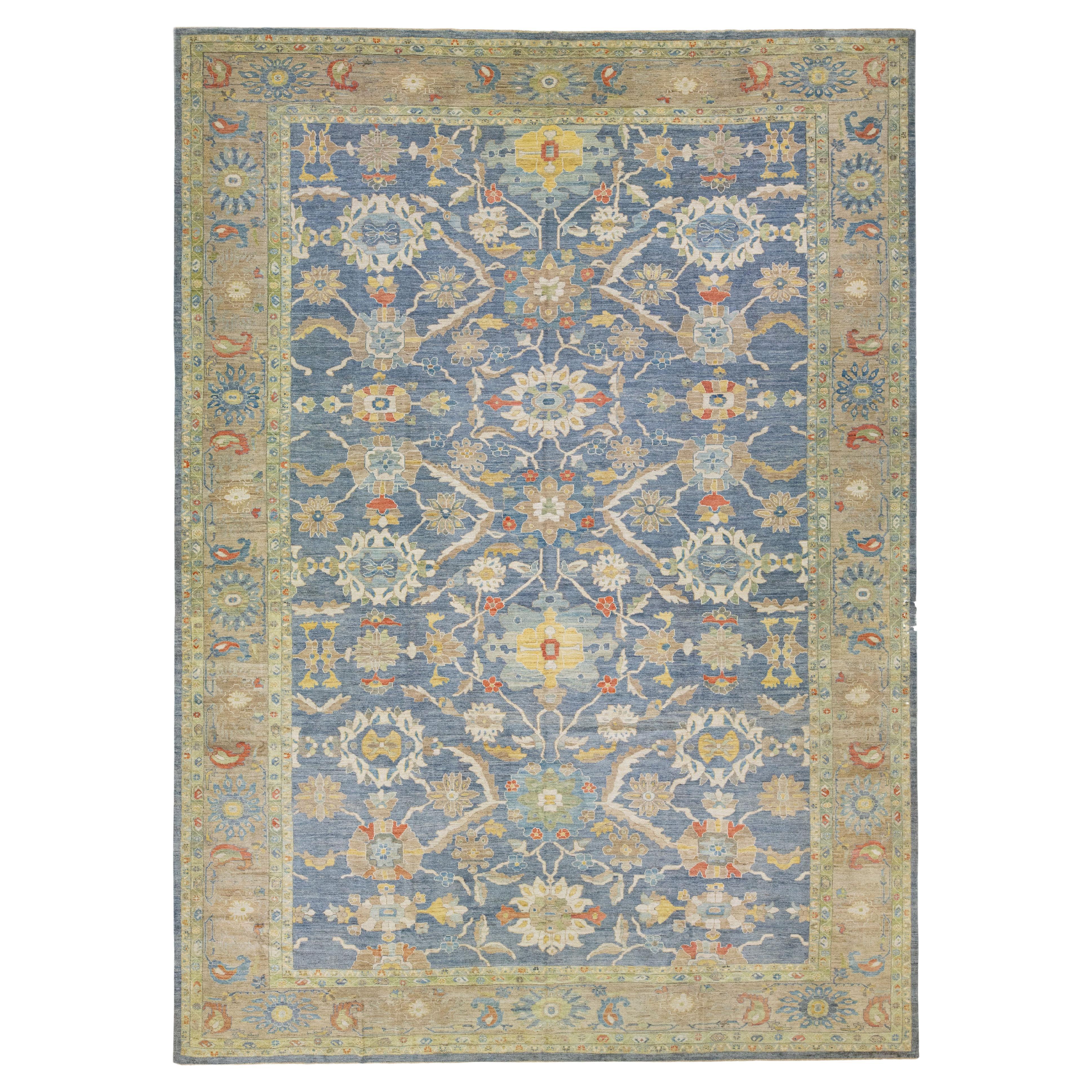 Modern Floral Over Size Navy Blue Sultanabad Wool Rug For Sale