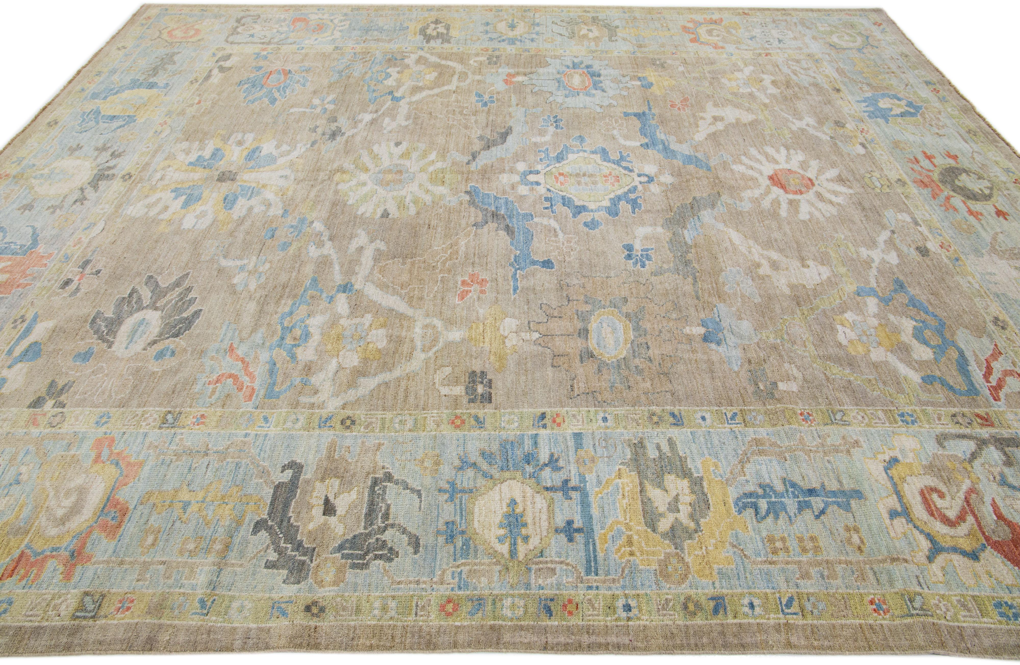 Persian Modern Floral Room Size Beige Sultanabad Wool Rug  For Sale