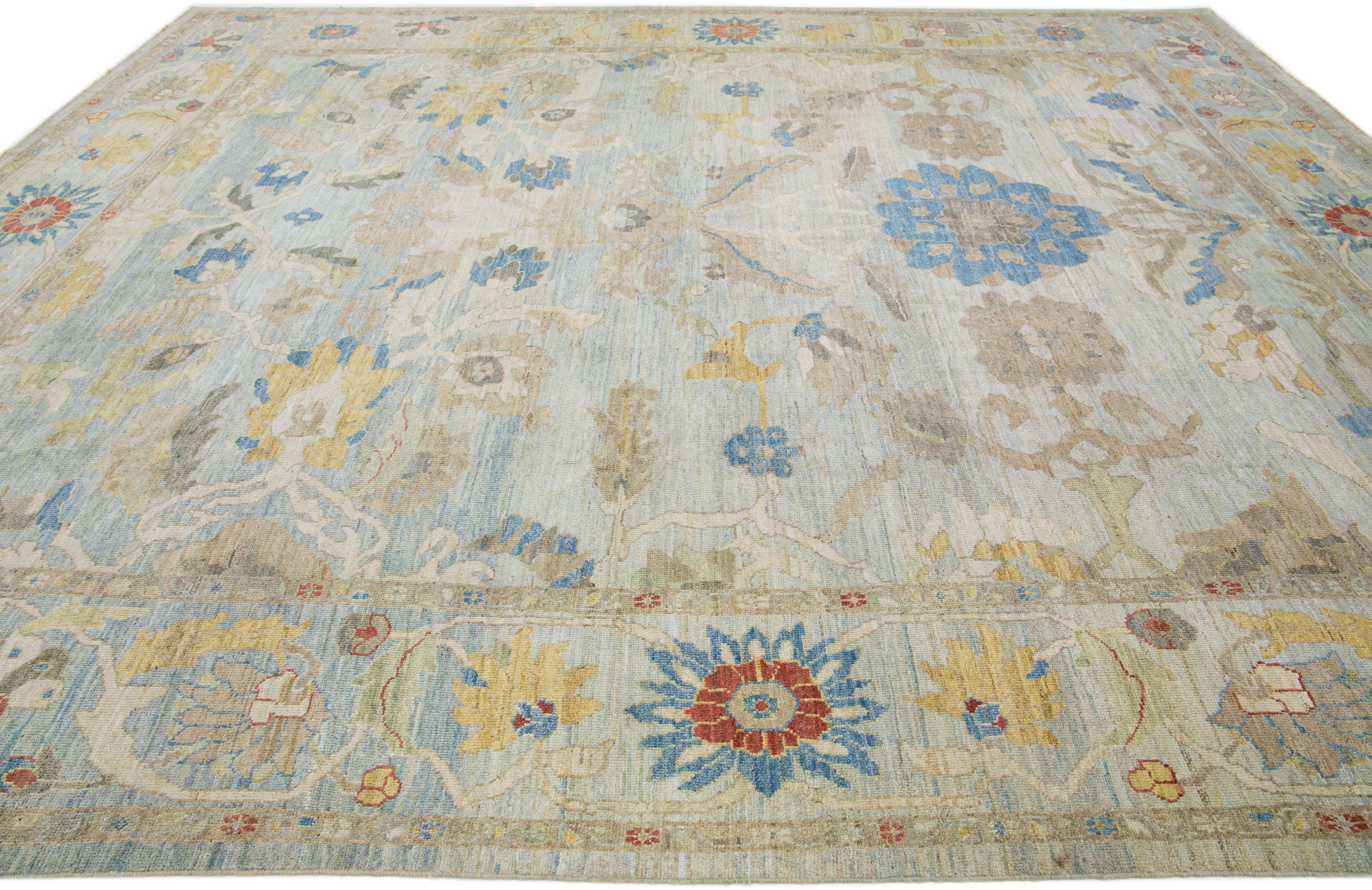Contemporary Modern Floral Room Size Light Blue Sultanabad Wool Rug For Sale