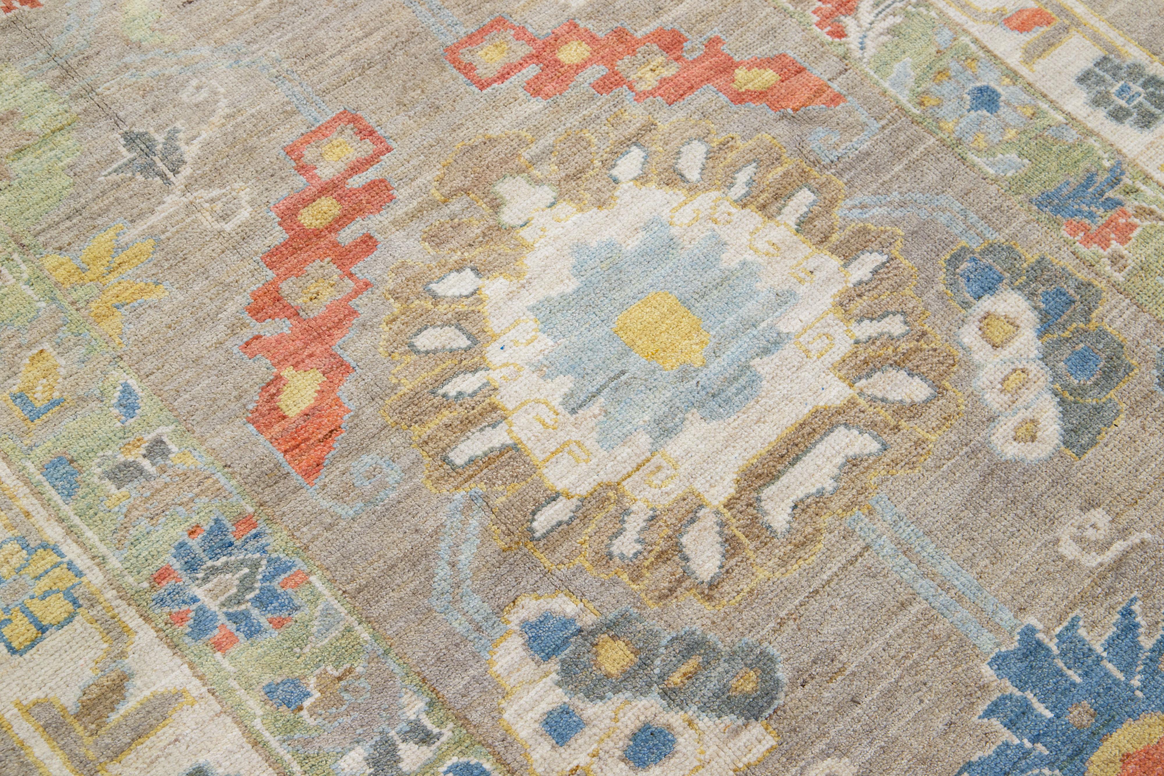 Persian Modern Floral Sultanabad Beige Wool Runner For Sale