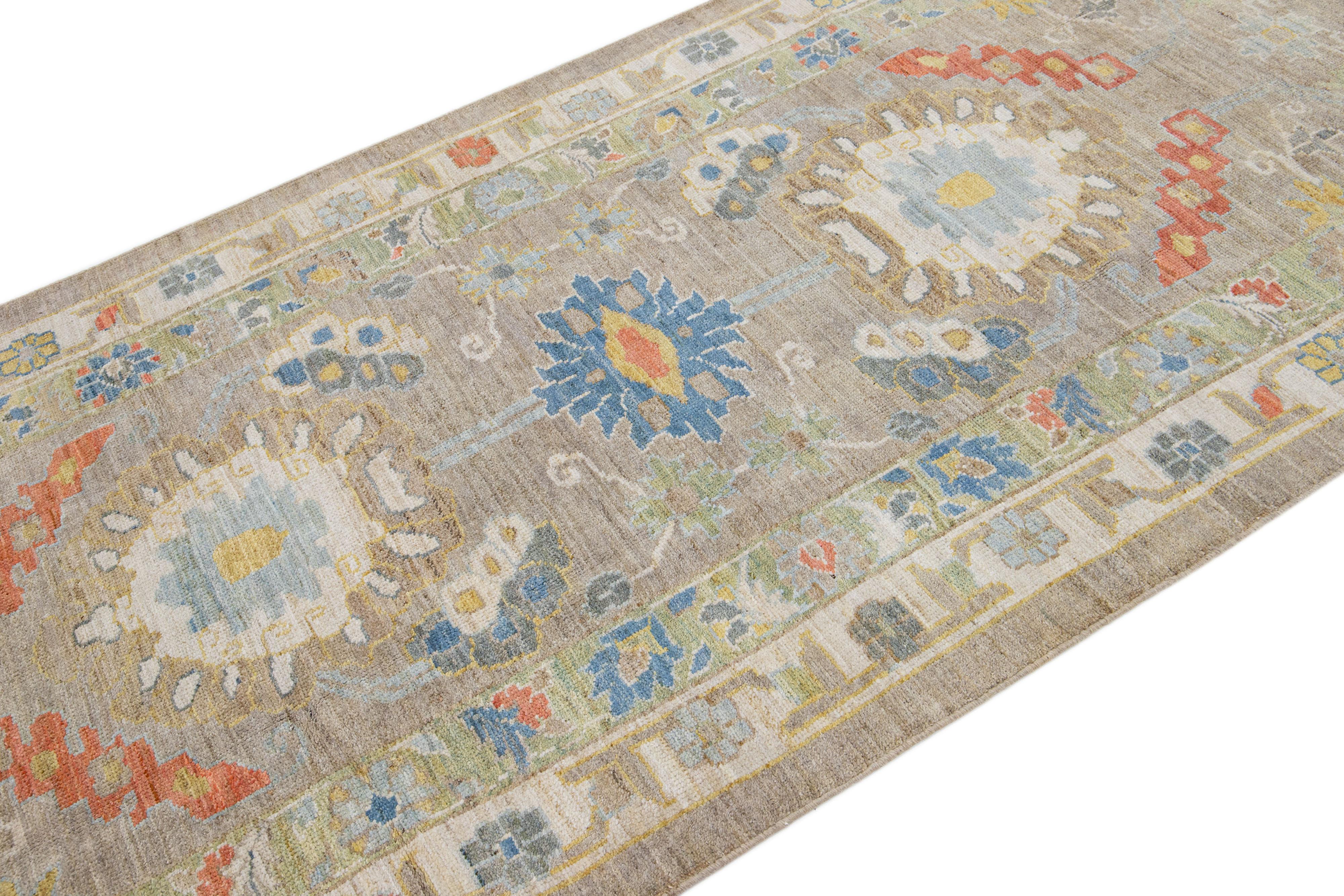 Contemporary Modern Floral Sultanabad Beige Wool Runner For Sale
