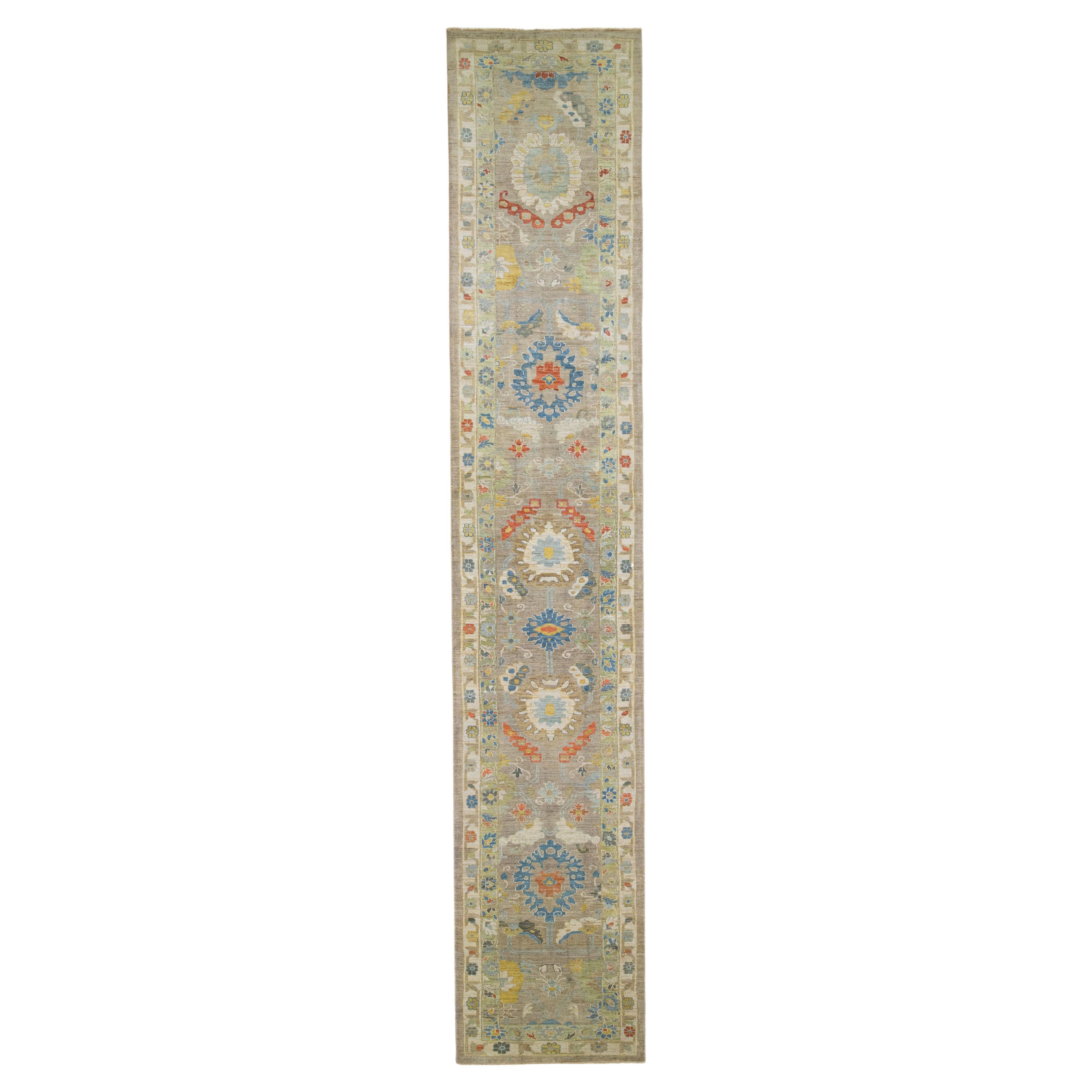 Modern Floral Sultanabad Beige Wool Runner For Sale