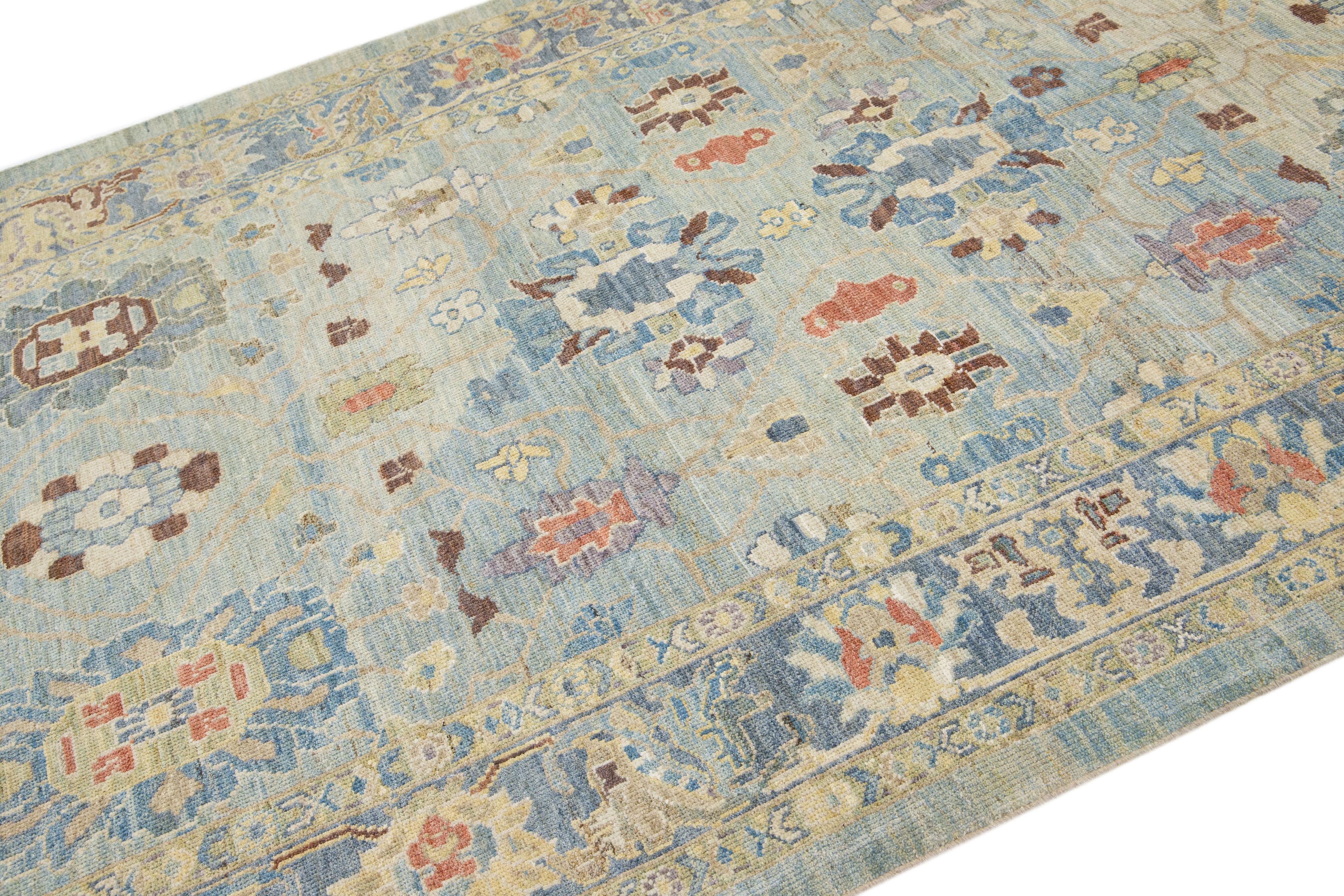 Persian Modern Floral Sultanabad Gallery Wool Rug in Blue For Sale