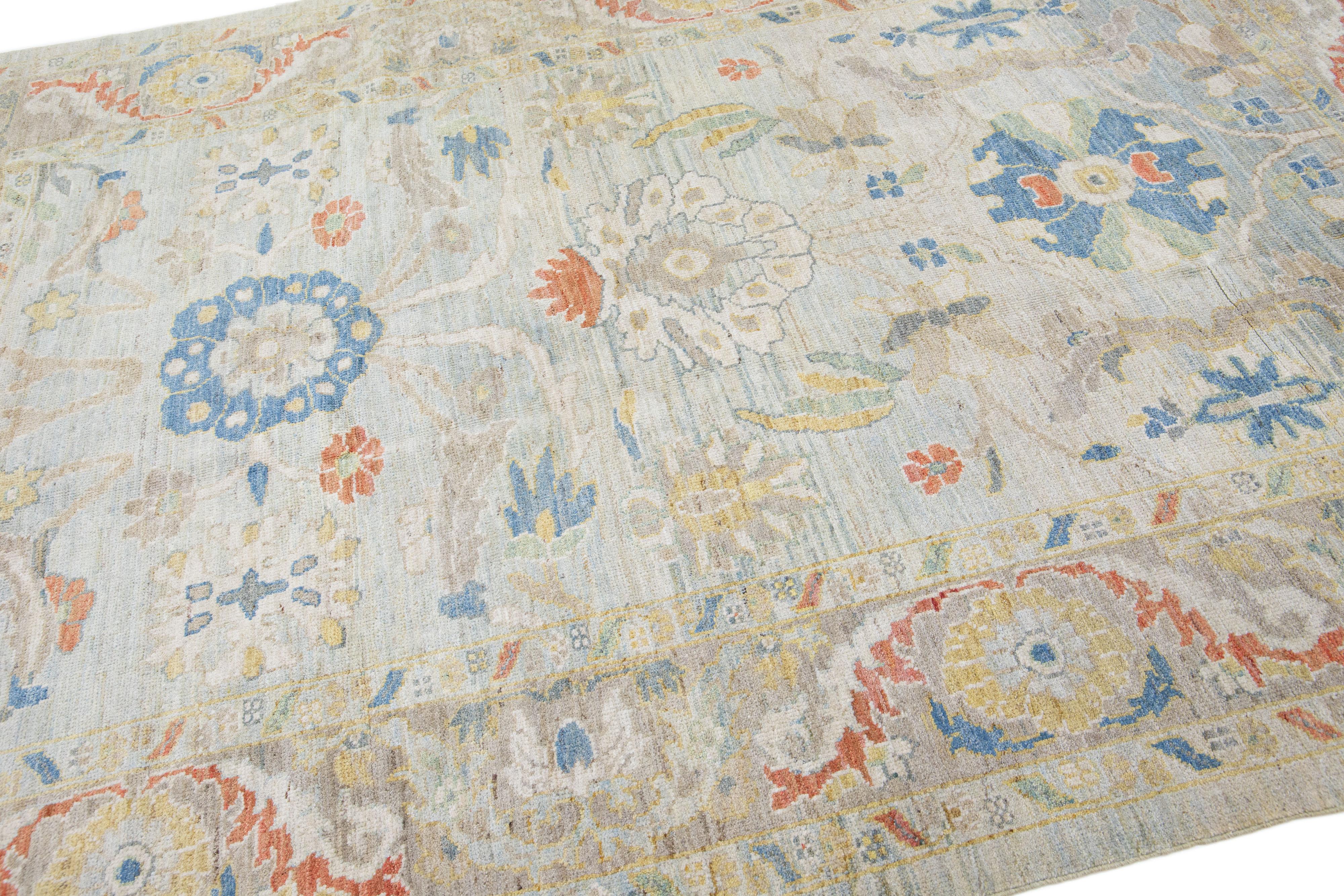 Persian Modern Floral Sultanabad Handmade Light Blue Wool Rug For Sale