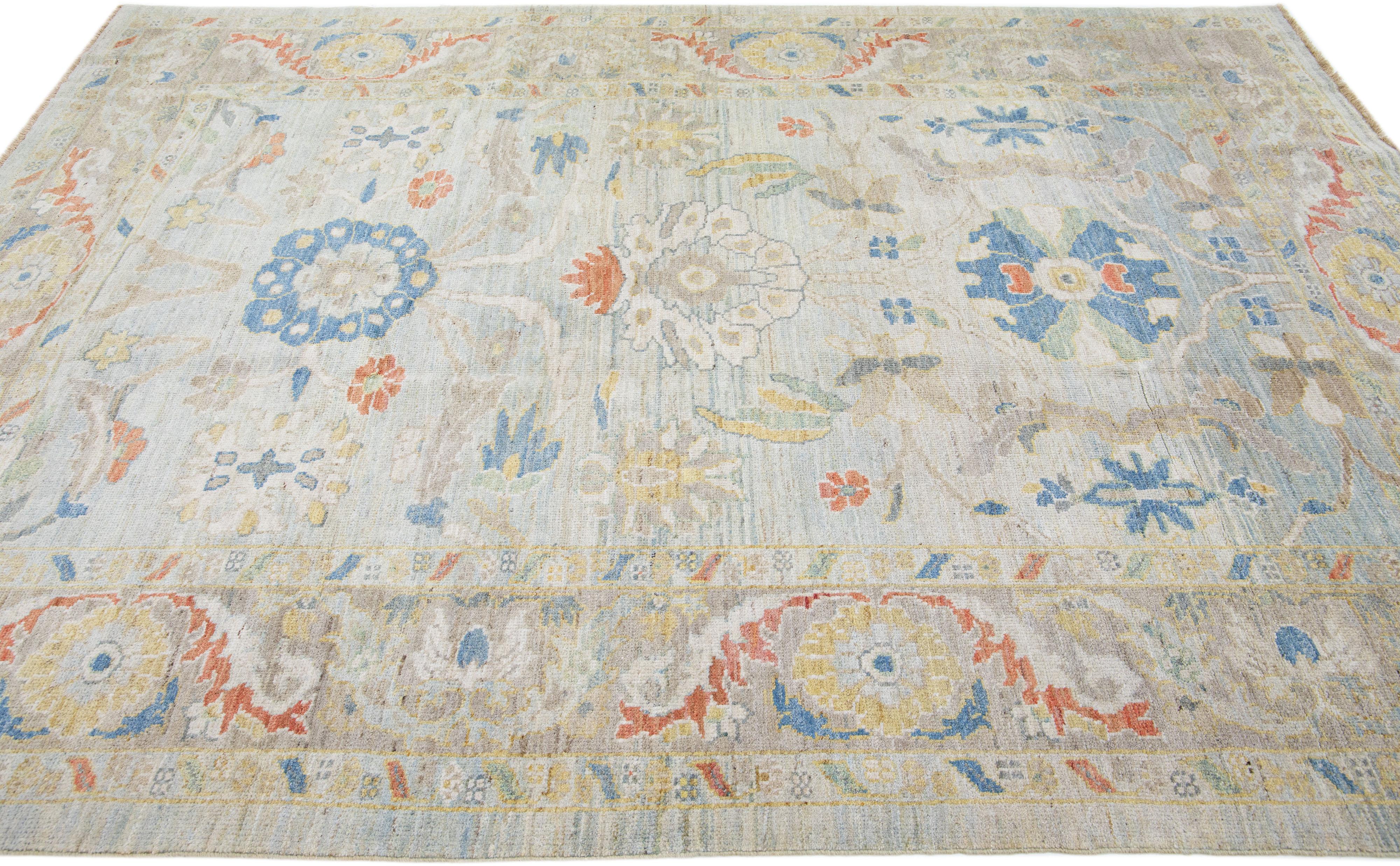 Hand-Knotted Modern Floral Sultanabad Handmade Light Blue Wool Rug For Sale