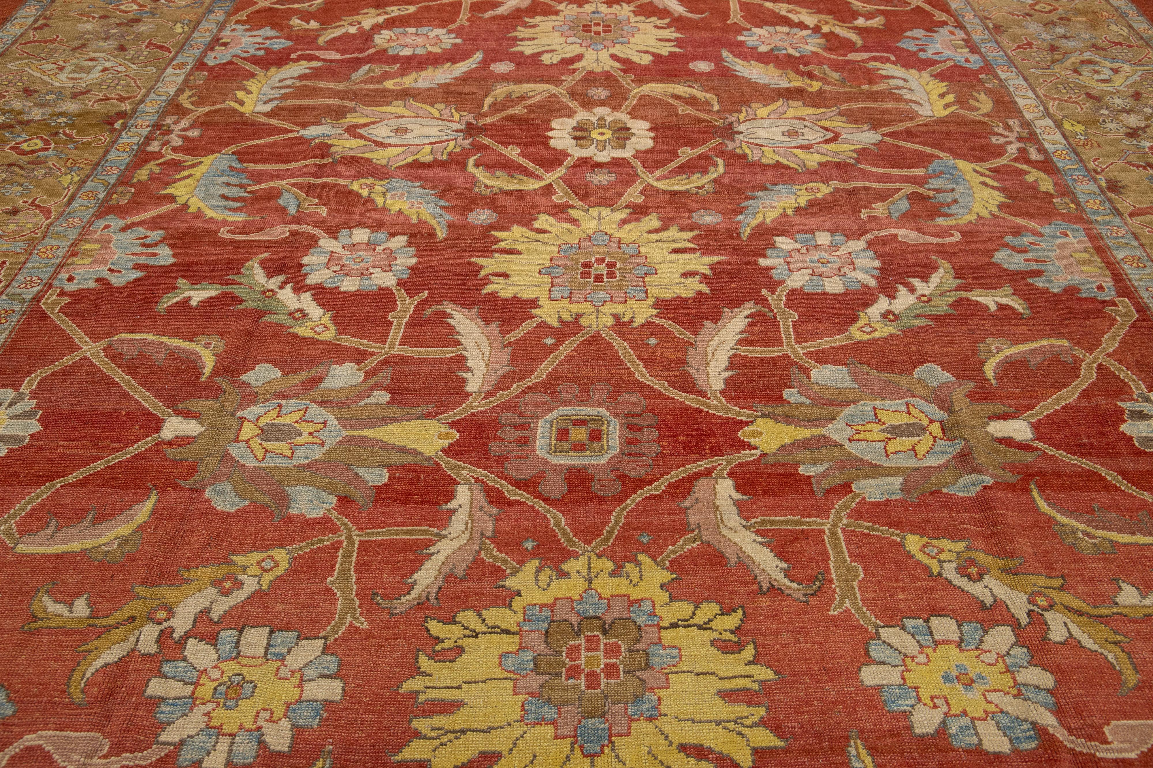 Moderner, geblümter Sultanabad-Handgefertigter persischer Wollteppich in Rot-Rust im Angebot 3