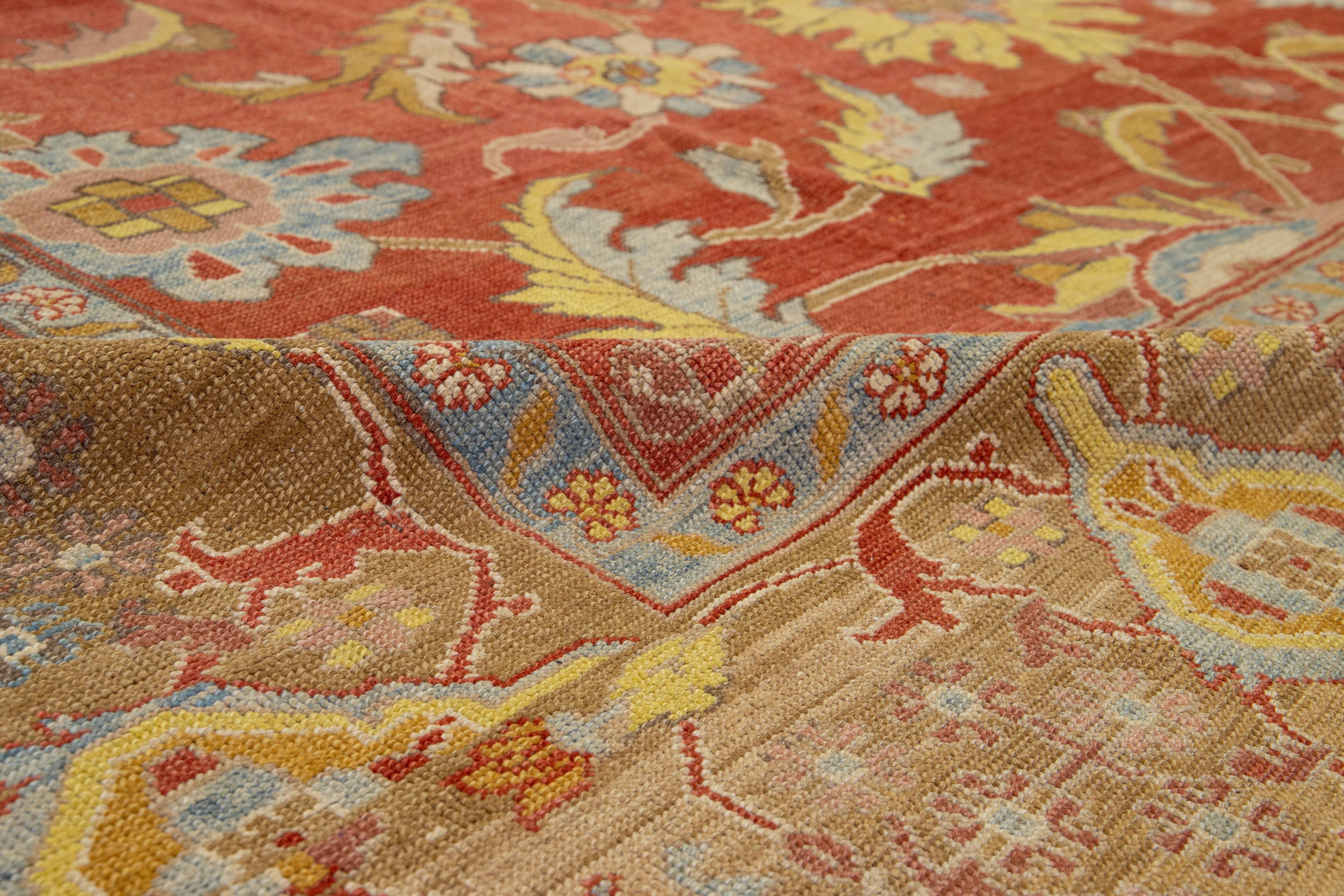 Moderner, geblümter Sultanabad-Handgefertigter persischer Wollteppich in Rot-Rust (Wolle) im Angebot