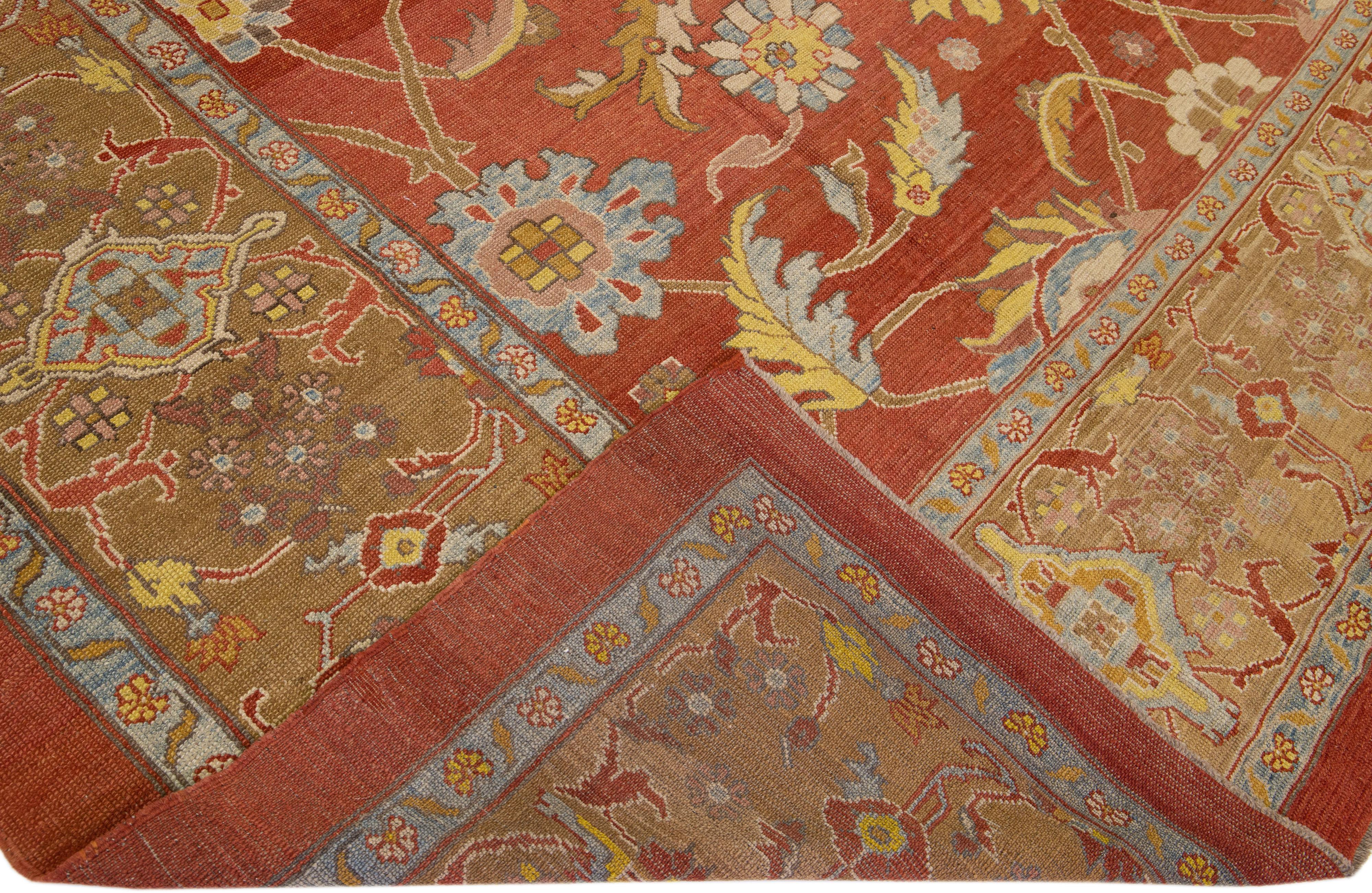 Hand-Knotted Modern Floral Sultanabad Handmade Persian Wool Rug in Red-Rust Color  For Sale