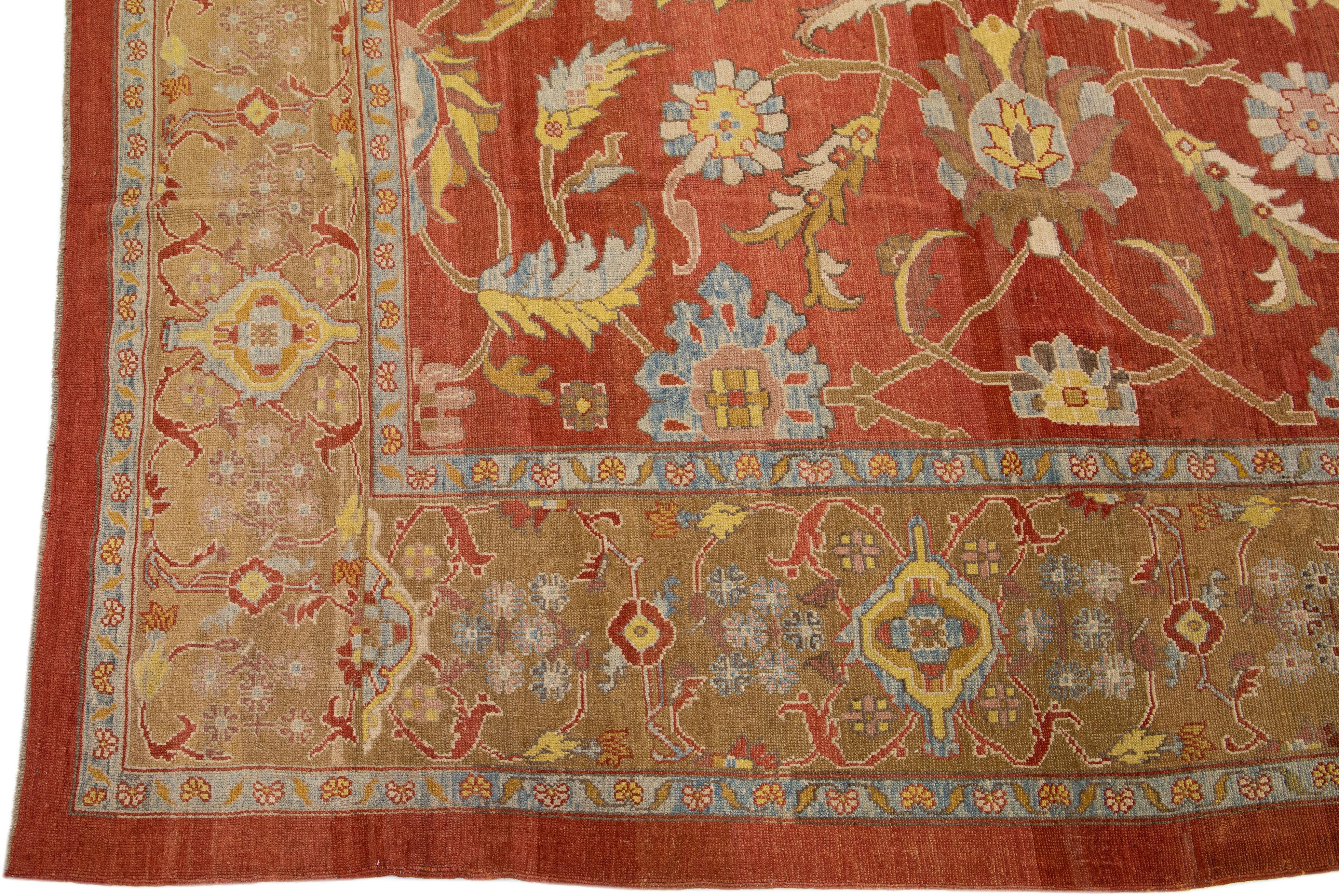 Modern Floral Sultanabad Handmade Persian Wool Rug in Red-Rust Color  In New Condition For Sale In Norwalk, CT