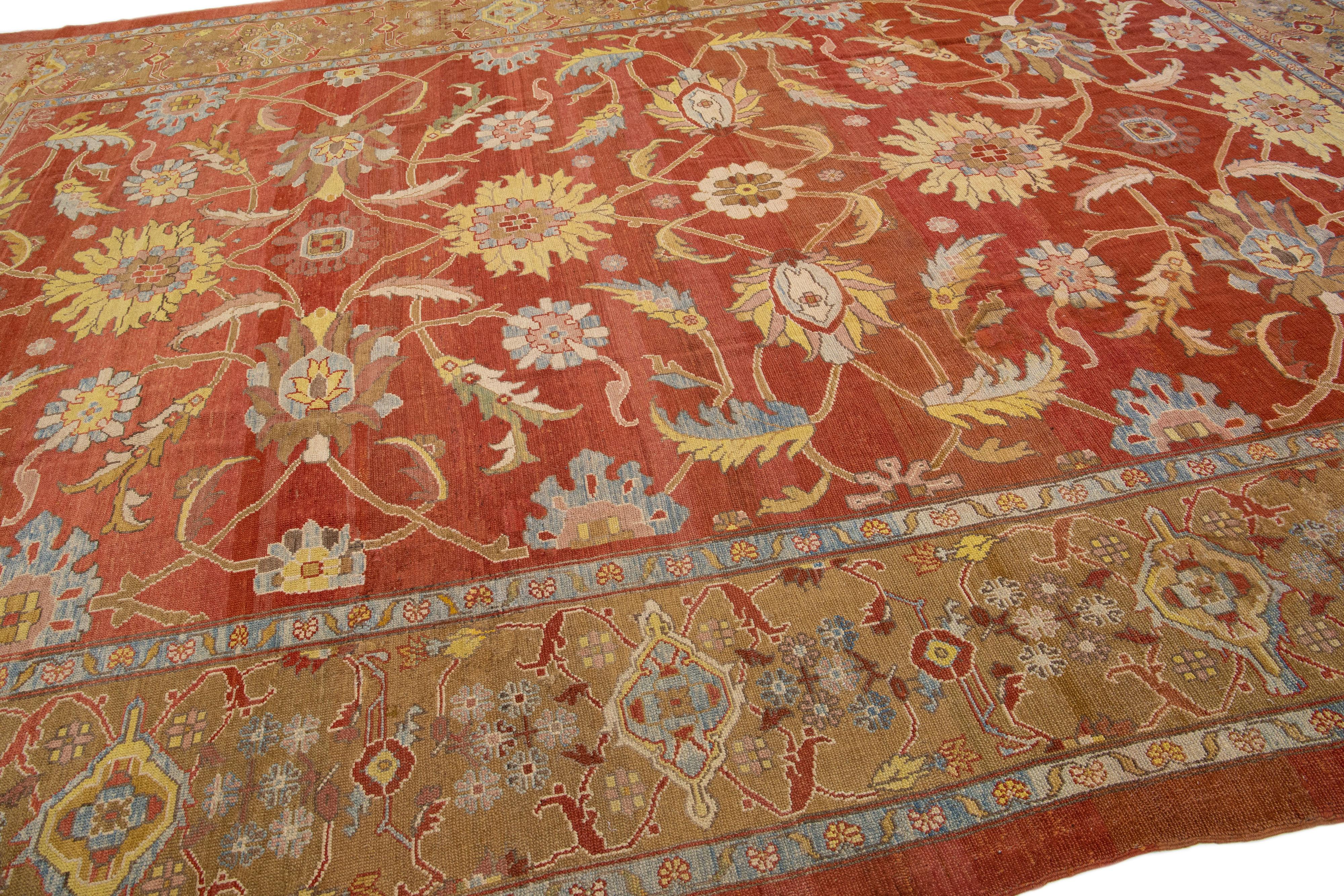 Contemporary Modern Floral Sultanabad Handmade Persian Wool Rug in Red-Rust Color  For Sale