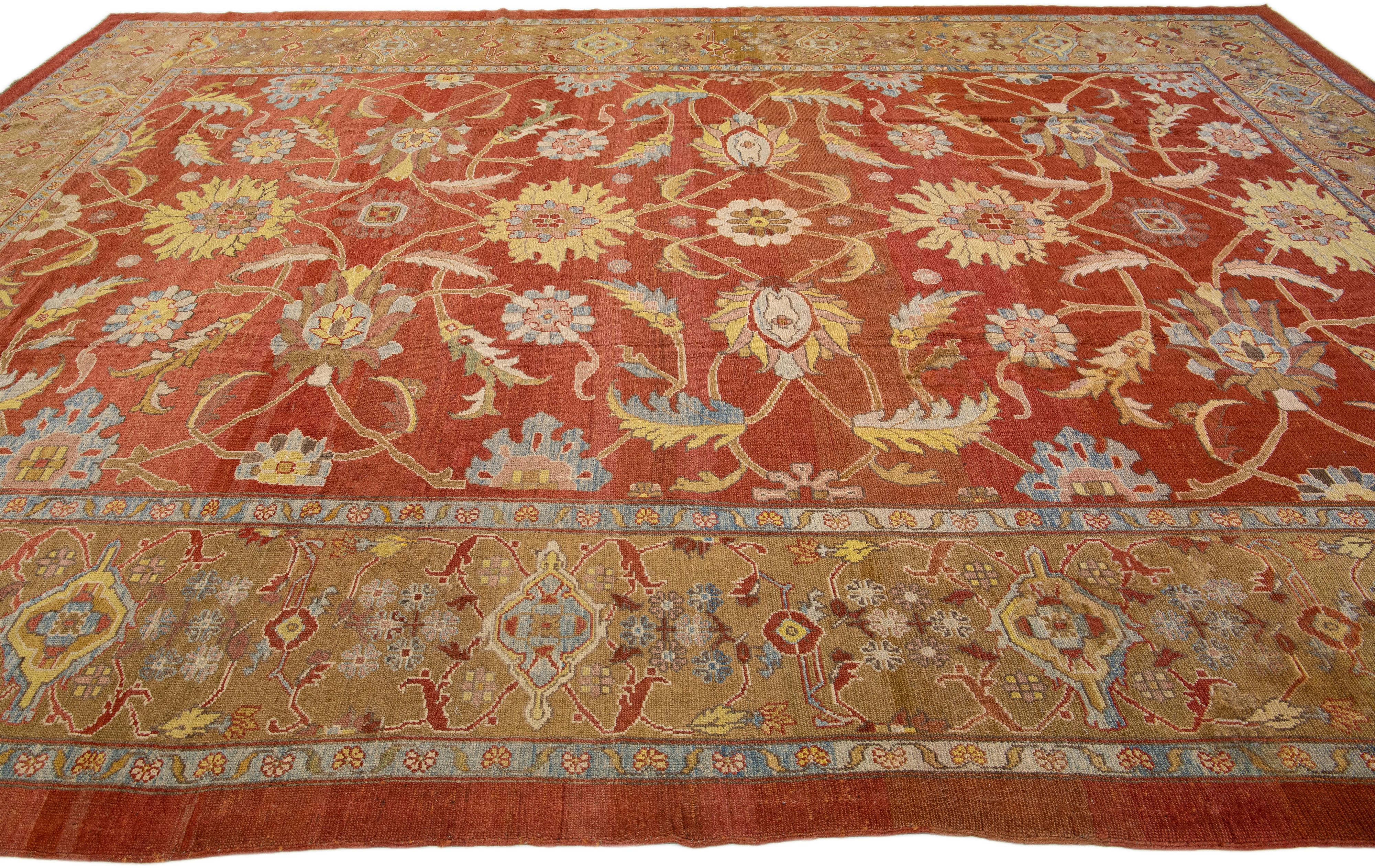 Modern Floral Sultanabad Handmade Persian Wool Rug in Red-Rust Color  For Sale 1