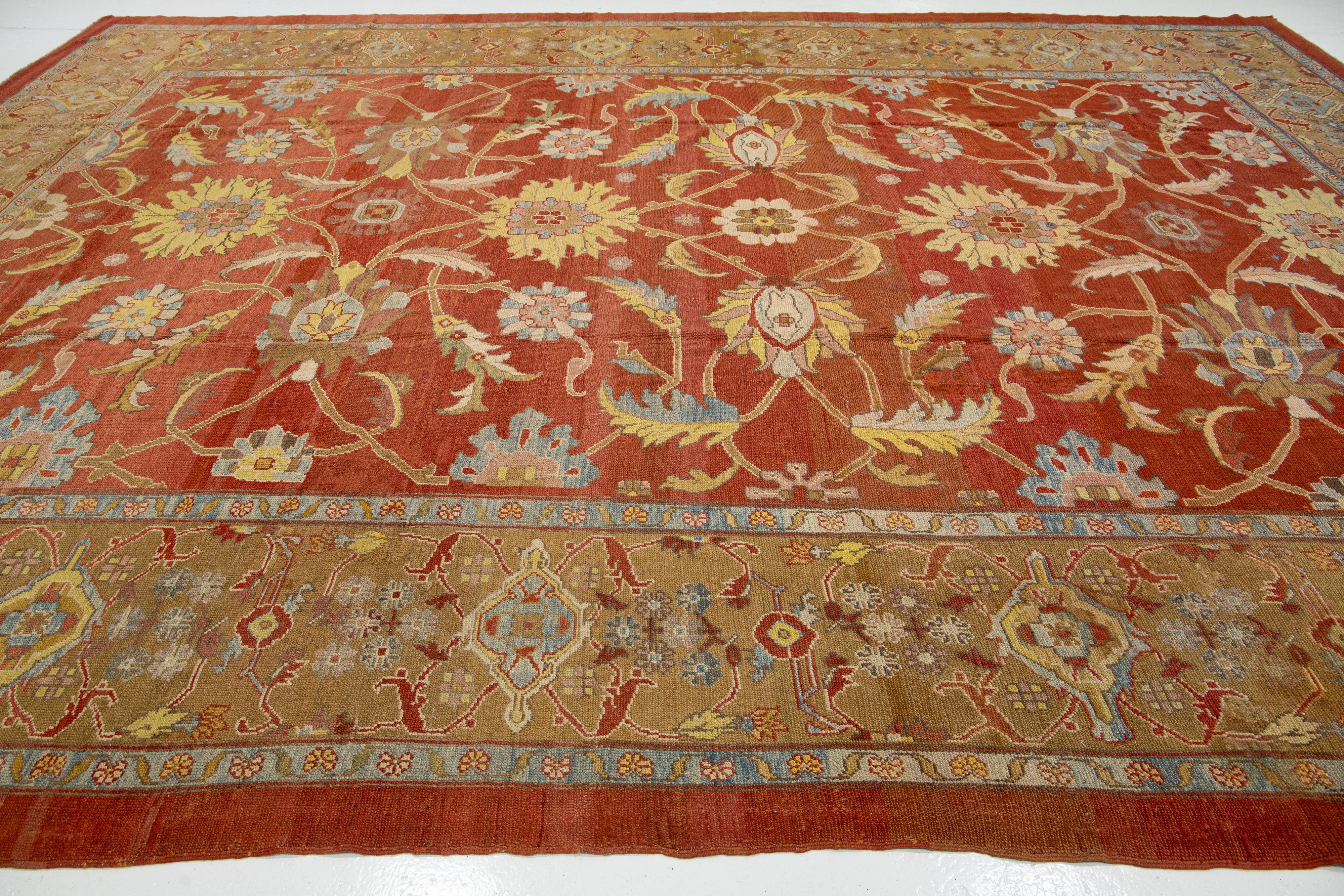 Moderner, geblümter Sultanabad-Handgefertigter persischer Wollteppich in Rot-Rust im Angebot 1