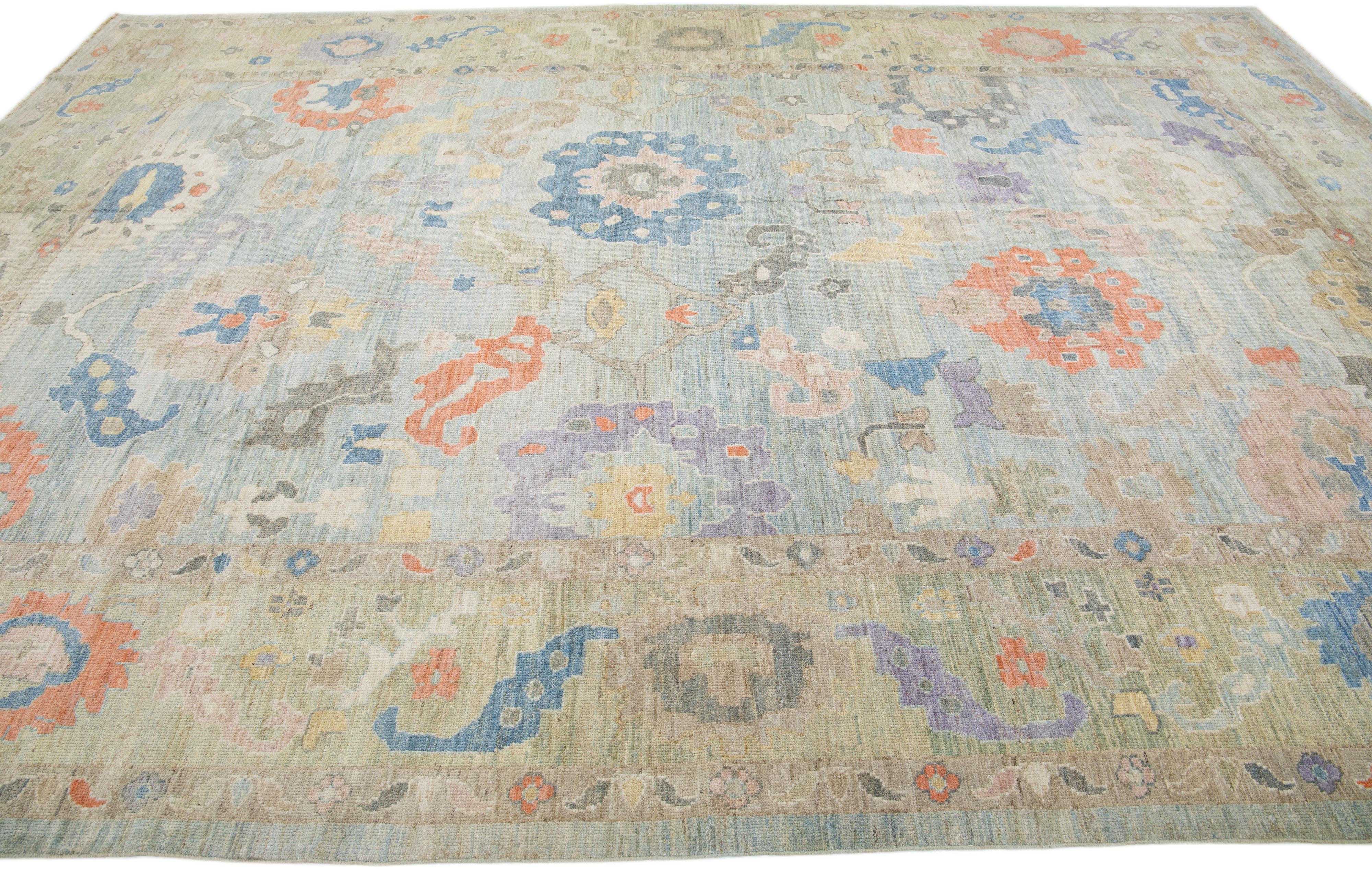 Modern Floral Sultanabad Handmade Wool Rug with Blue Field In New Condition For Sale In Norwalk, CT