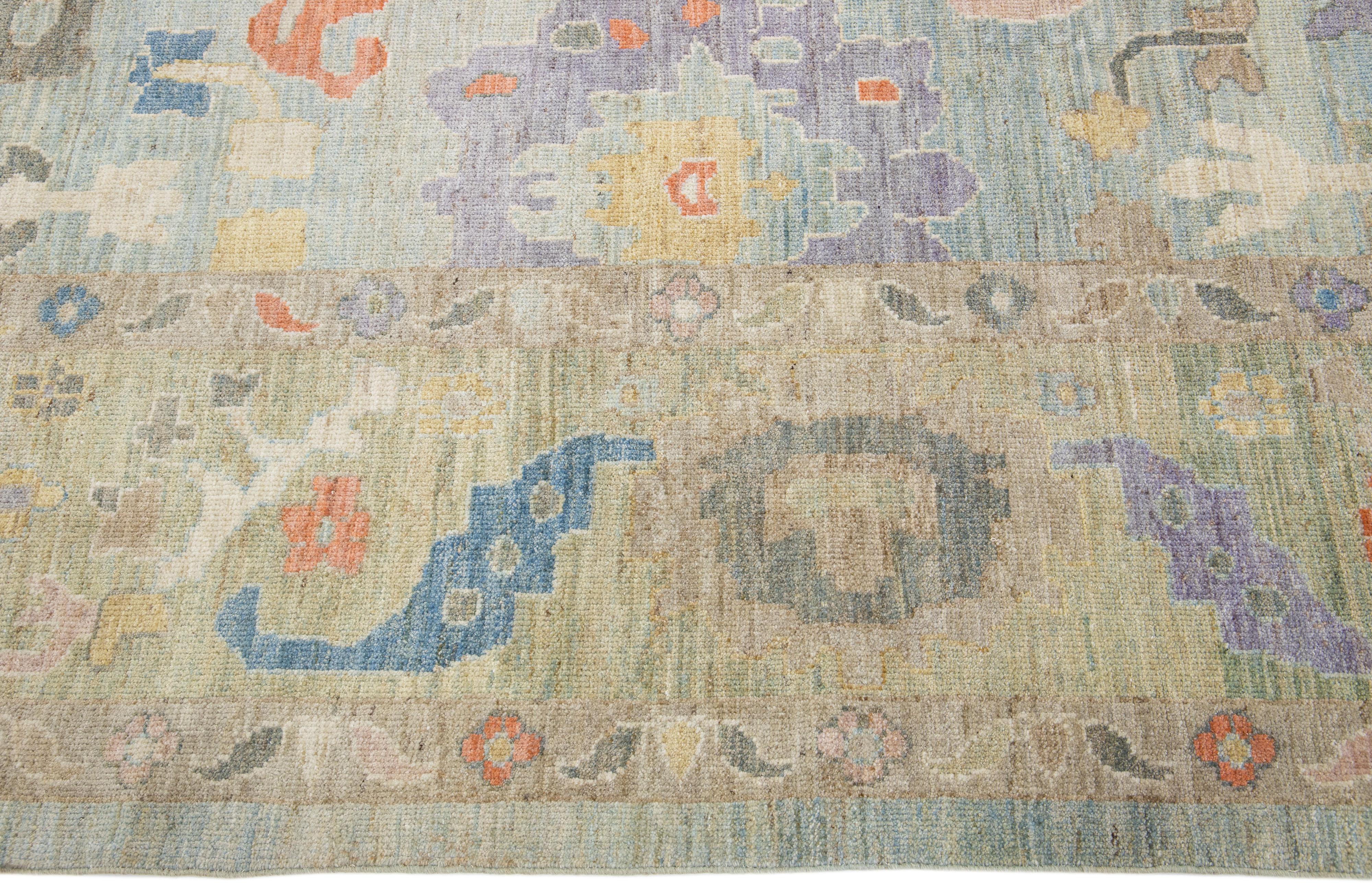 Contemporary Modern Floral Sultanabad Handmade Wool Rug with Blue Field For Sale