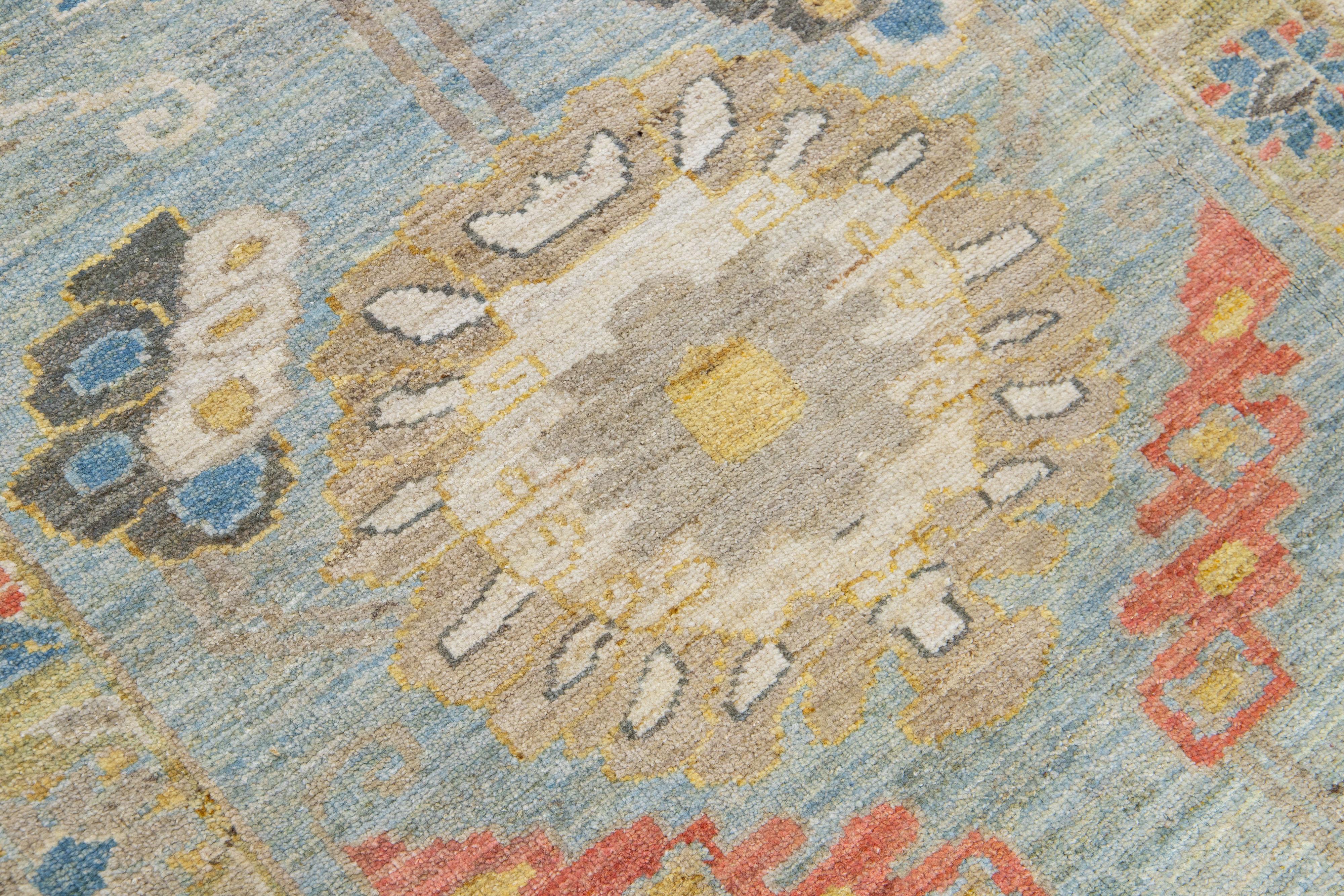 Persian Modern Floral Sultanabad Light Blue Wool Runner For Sale
