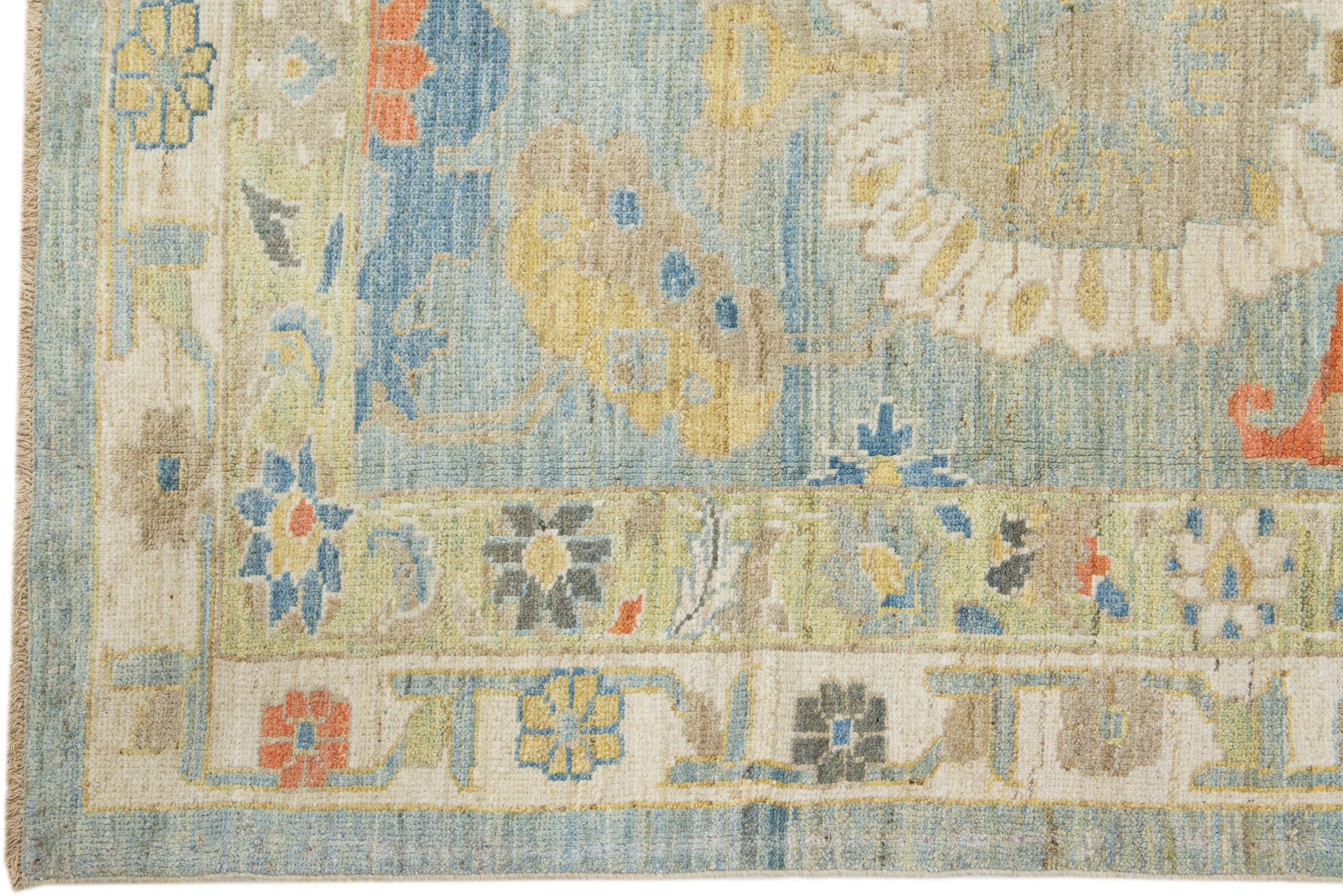 Hand-Knotted Modern Floral Sultanabad Light Blue Wool Runner For Sale